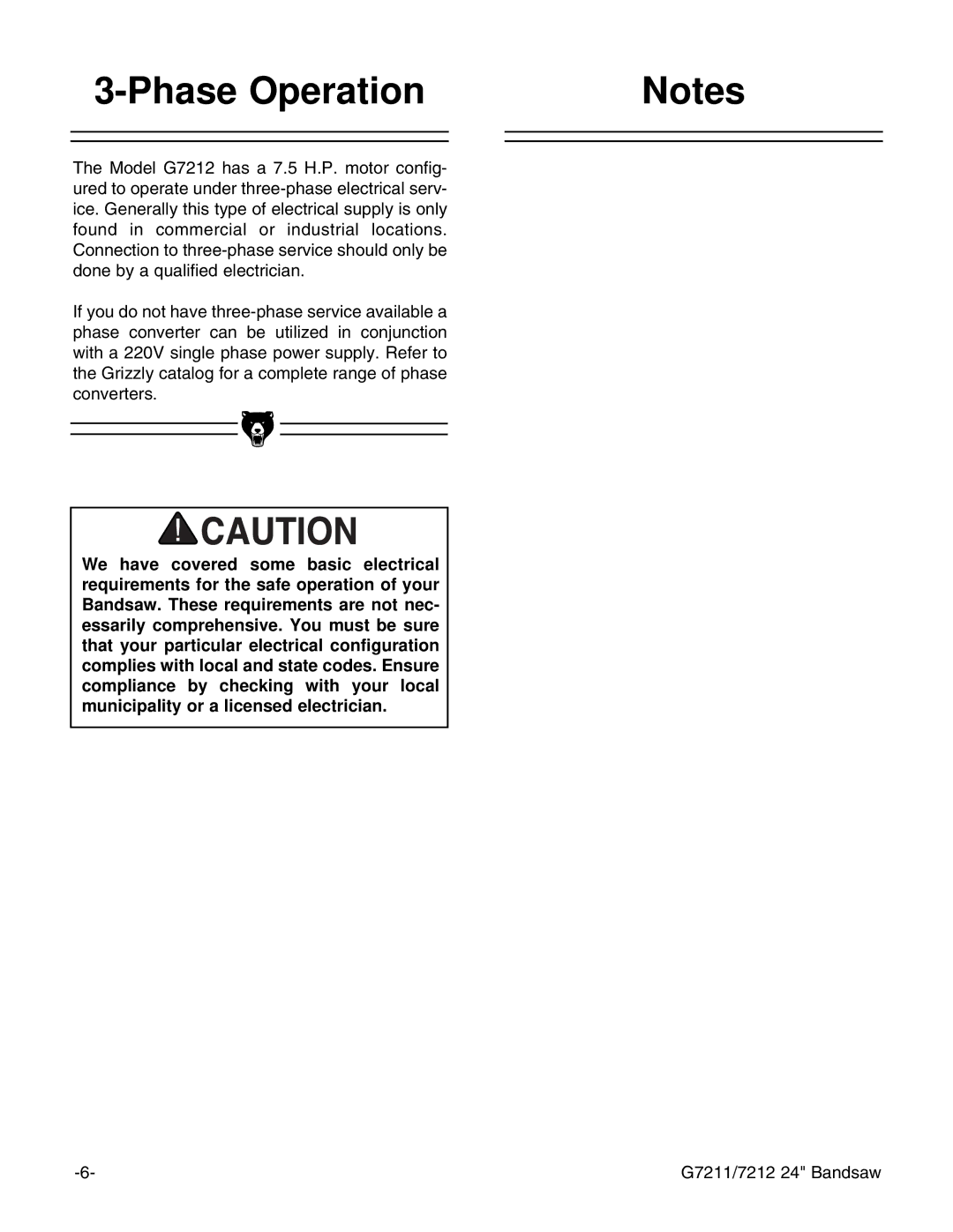 Grizzly G7212, G7211 instruction manual Phase Operation 