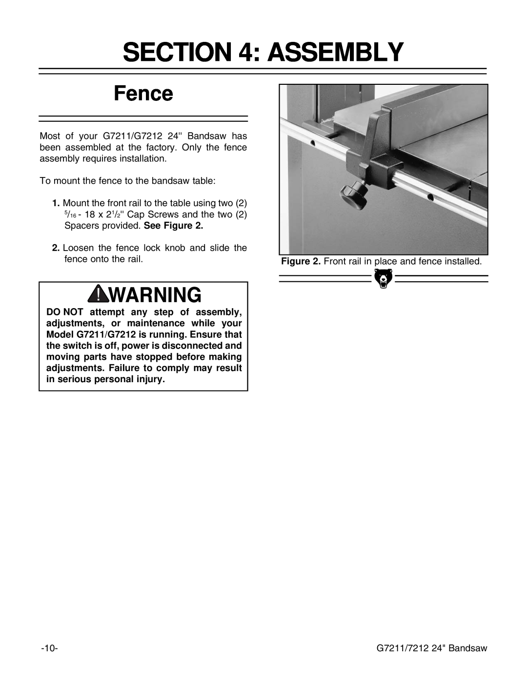 Grizzly G7212, G7211 instruction manual Assembly, Fence 