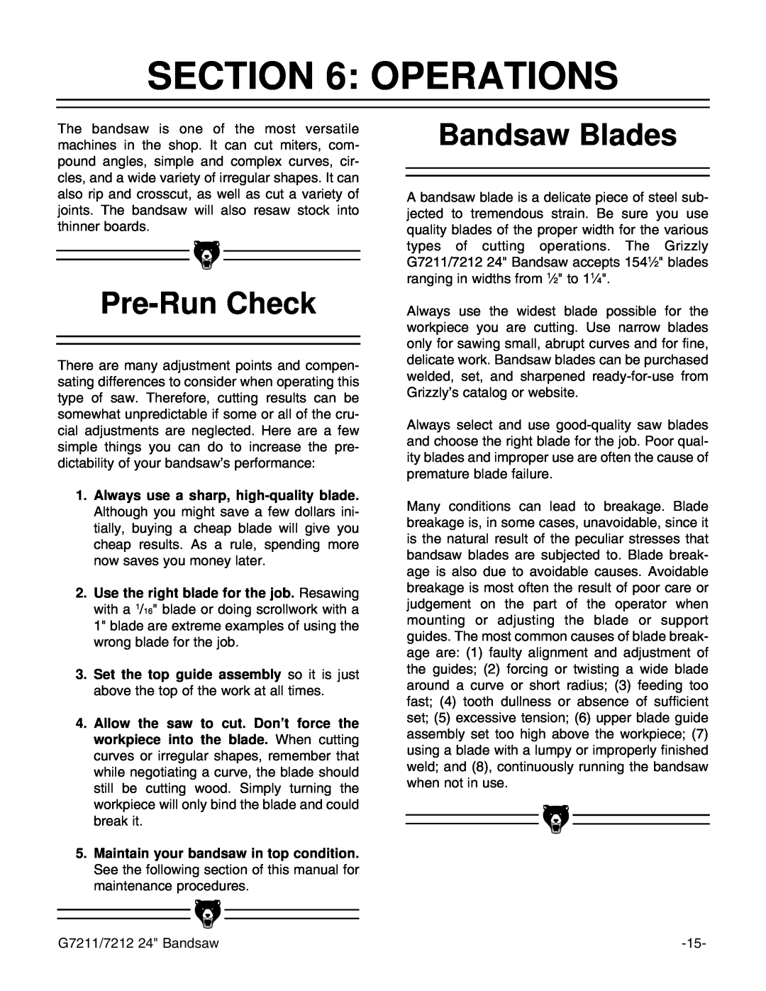 Grizzly G7211, G7212 instruction manual Operations, Pre-Run Check, Bandsaw Blades 
