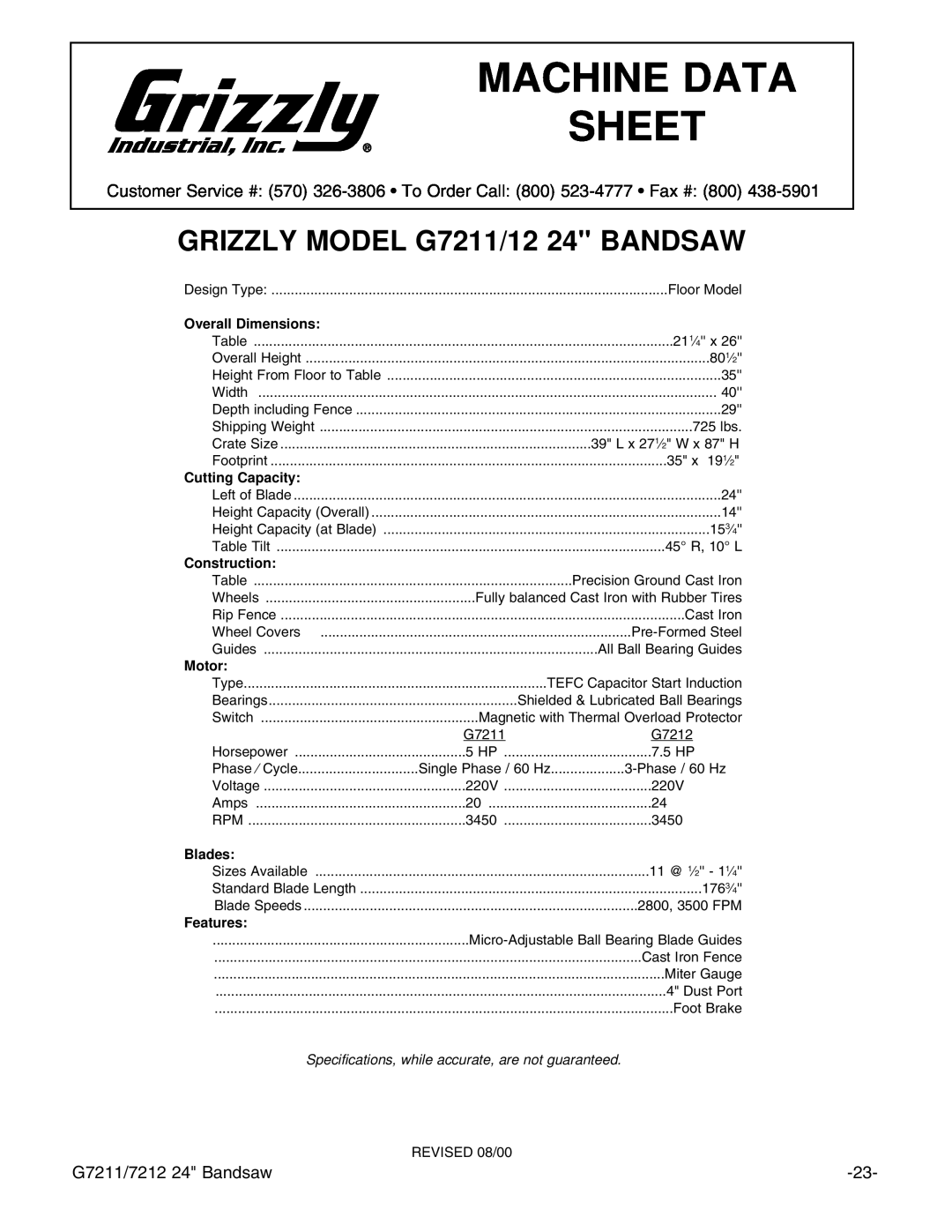 Grizzly GRIZZLY MODEL G7211/12 24 BANDSAW, Machine Data Sheet, Overall Dimensions, Cutting Capacity, Construction 