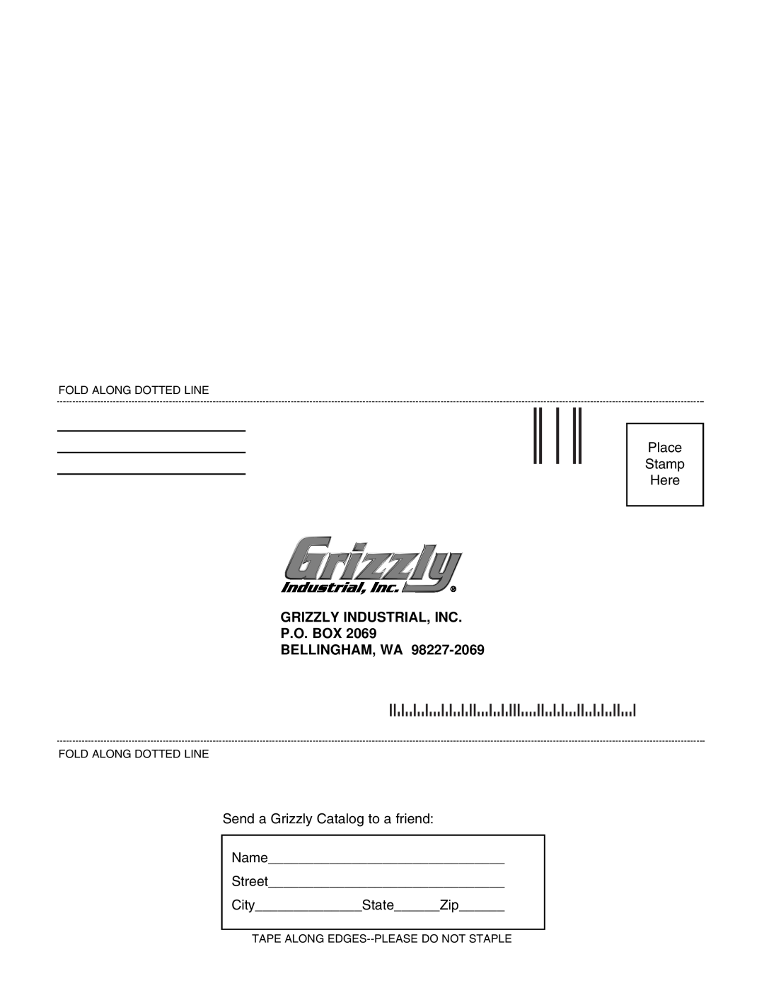 Grizzly G7212, G7211 instruction manual Place Stamp Here, Grizzly Industrial, Inc P.O. Box Bellingham, Wa 
