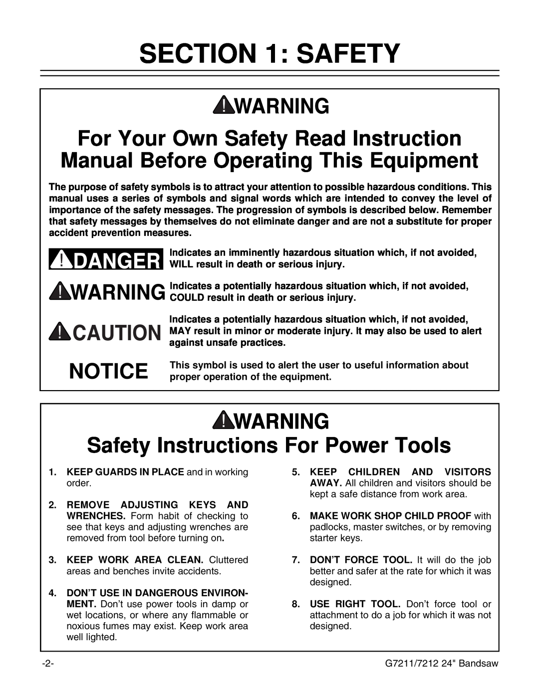 Grizzly G7212, G7211 instruction manual Safety Instructions For Power Tools 