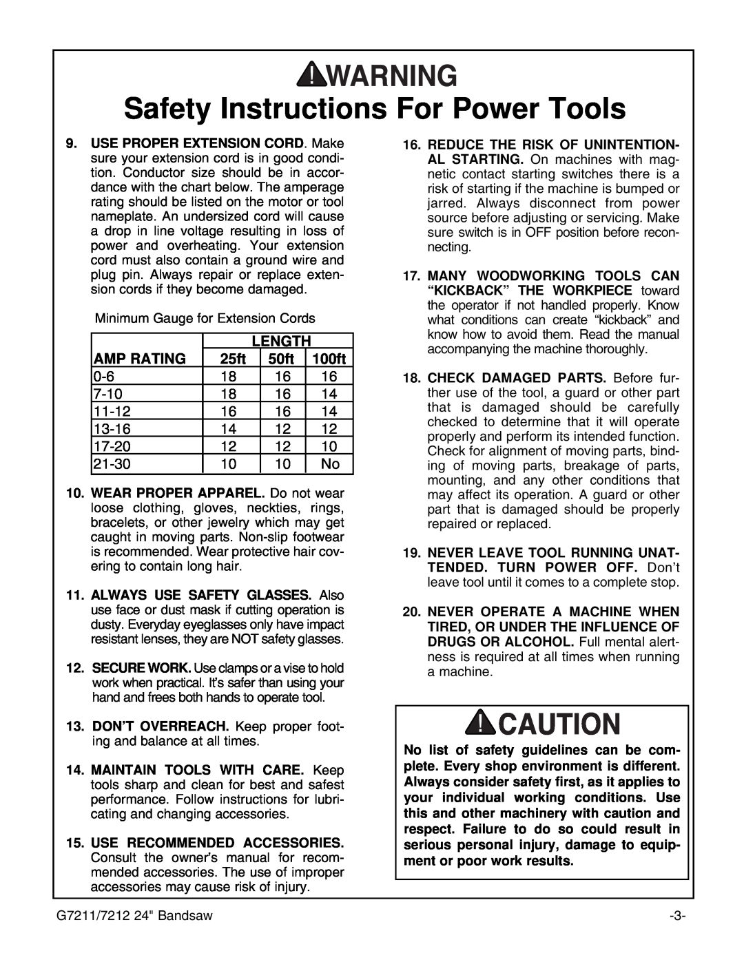 Grizzly G7211, G7212 instruction manual Safety Instructions For Power Tools, Amp Rating, 25ft, 50ft, 100ft 