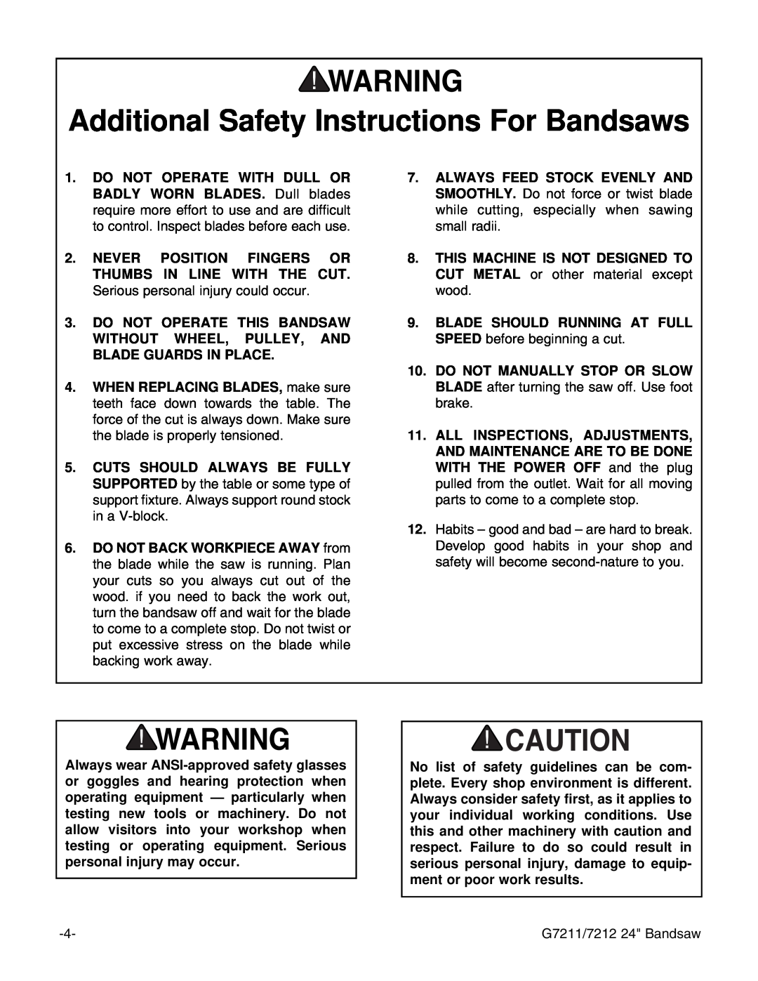Grizzly G7212, G7211 instruction manual Additional Safety Instructions For Bandsaws 