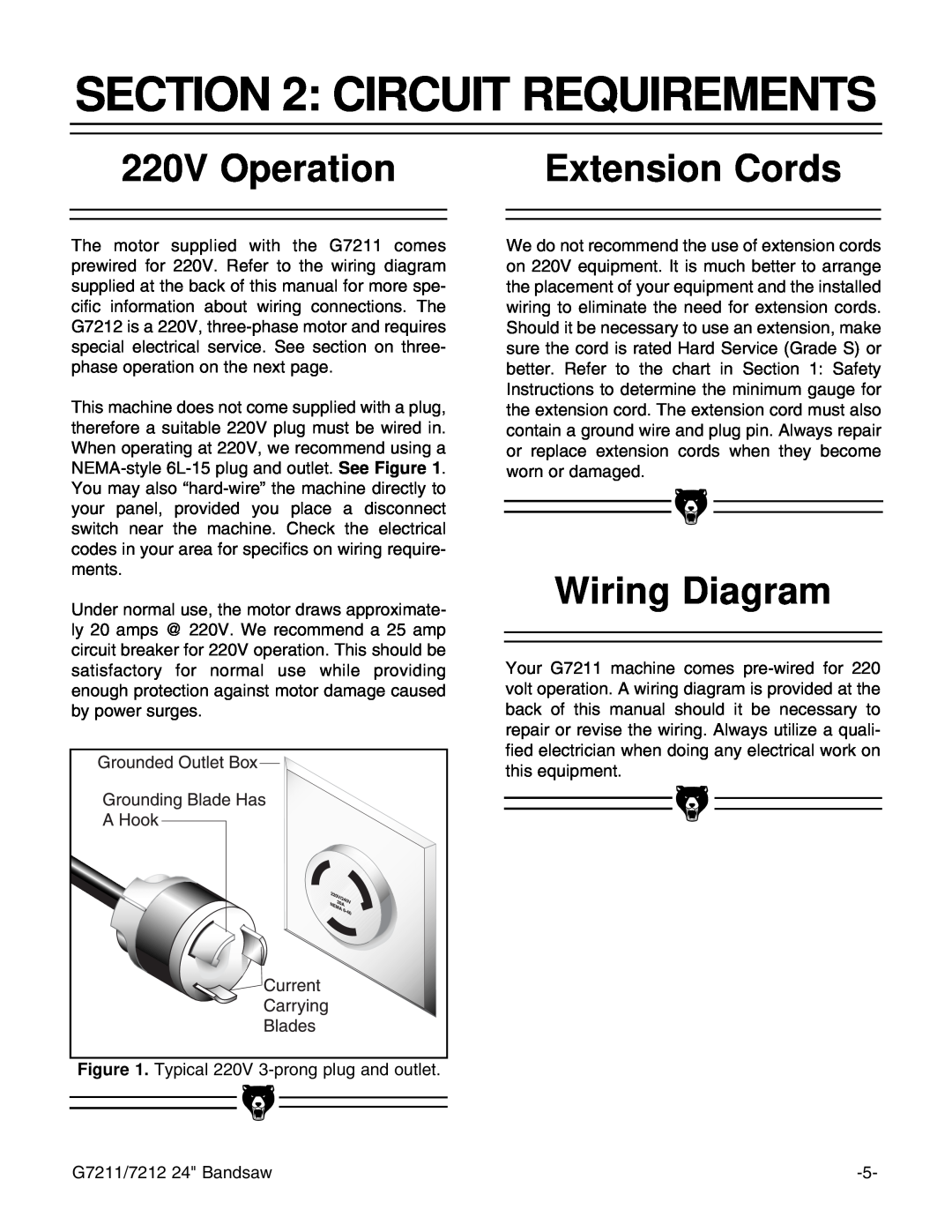 Grizzly G7211, G7212 instruction manual Circuit Requirements, 220V Operation, Extension Cords, Wiring Diagram 