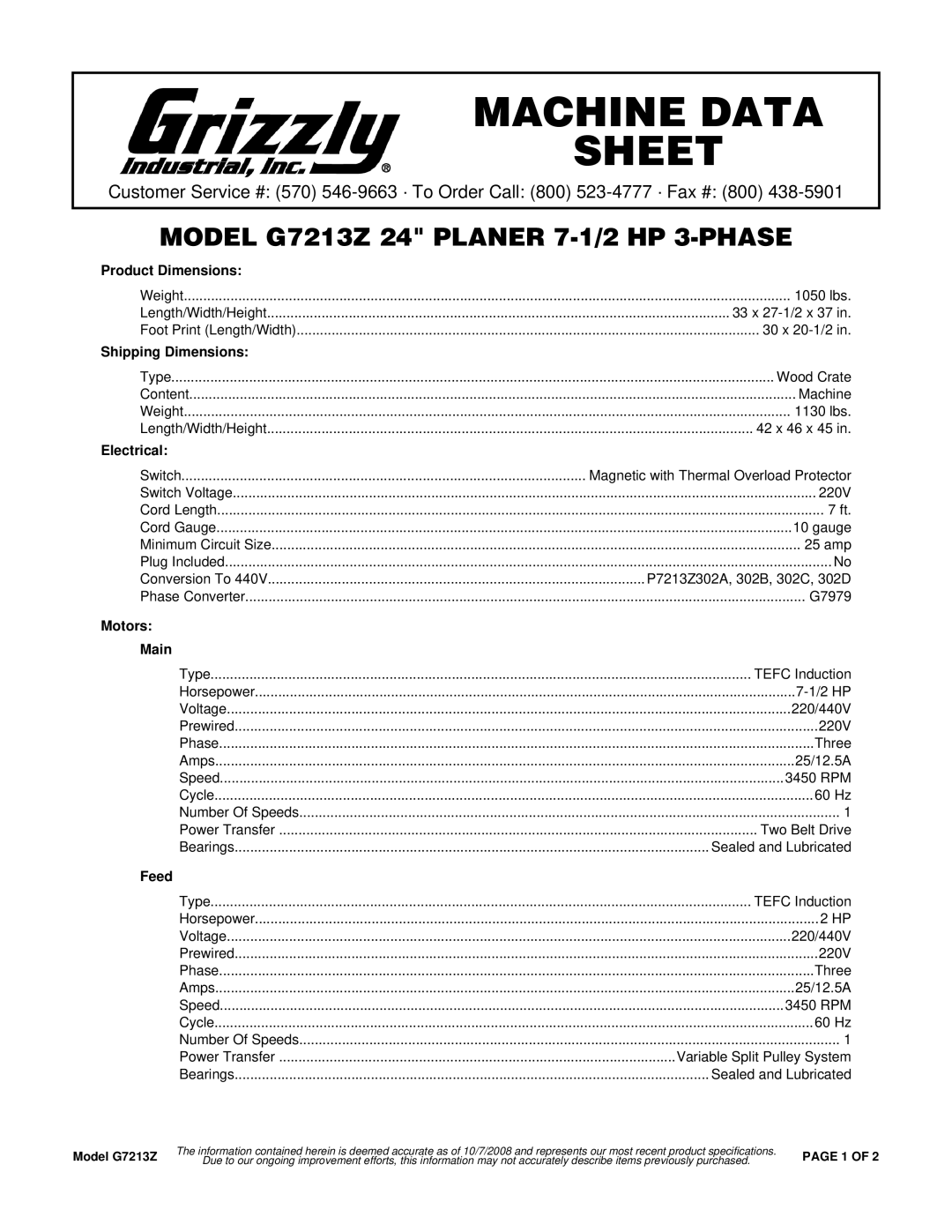 Grizzly G7213Z specifications Product Dimensions, Shipping Dimensions, Electrical, Motors Main, Feed 