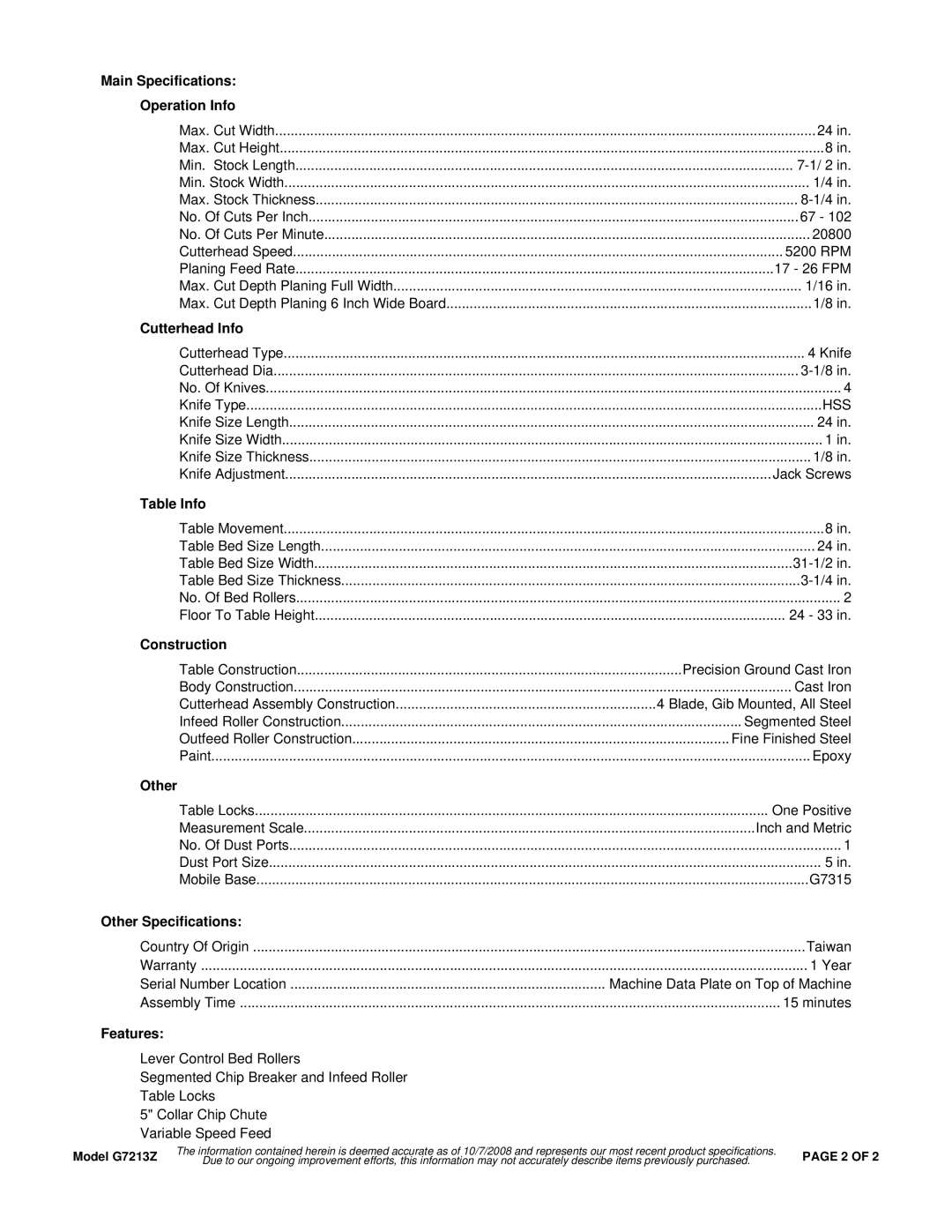 Grizzly G7213Z Main Specifications Operation Info, Cutterhead Info, Table Info, Construction, Other Specifications 