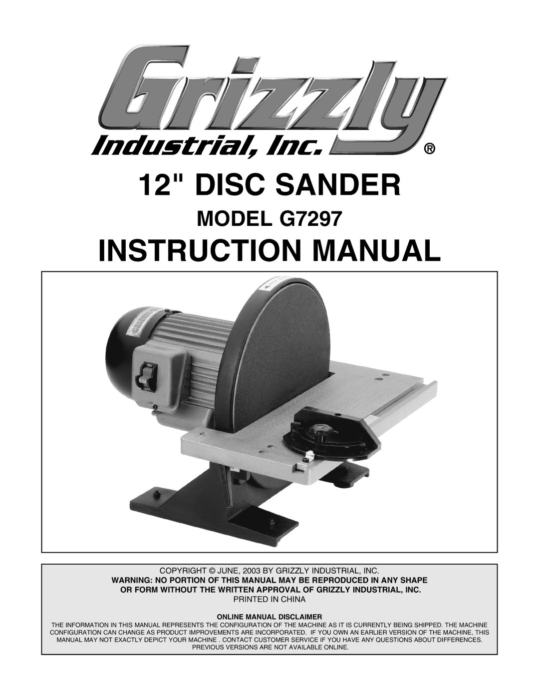 Grizzly G7297 instruction manual Disc Sander 