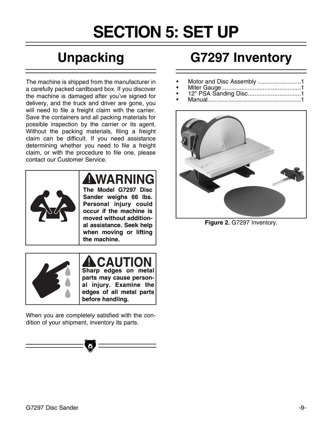 Grizzly instruction manual Set Up, Unpacking, G7297 Inventory 