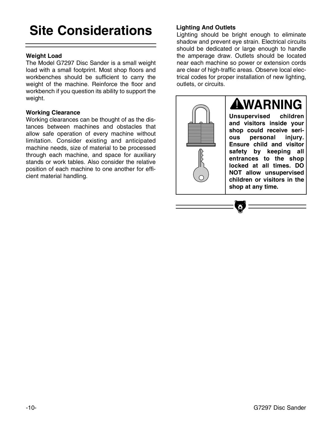 Grizzly G7297 instruction manual Site Considerations, Weight Load, Working Clearance, Lighting And Outlets 