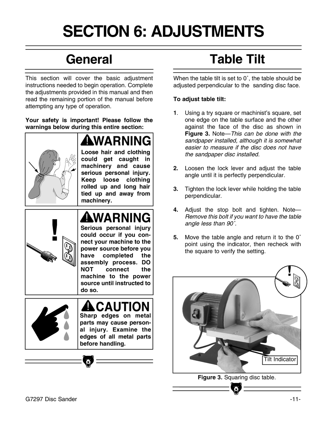 Grizzly G7297 instruction manual Adjustments, General, Table Tilt, To adjust table tilt 