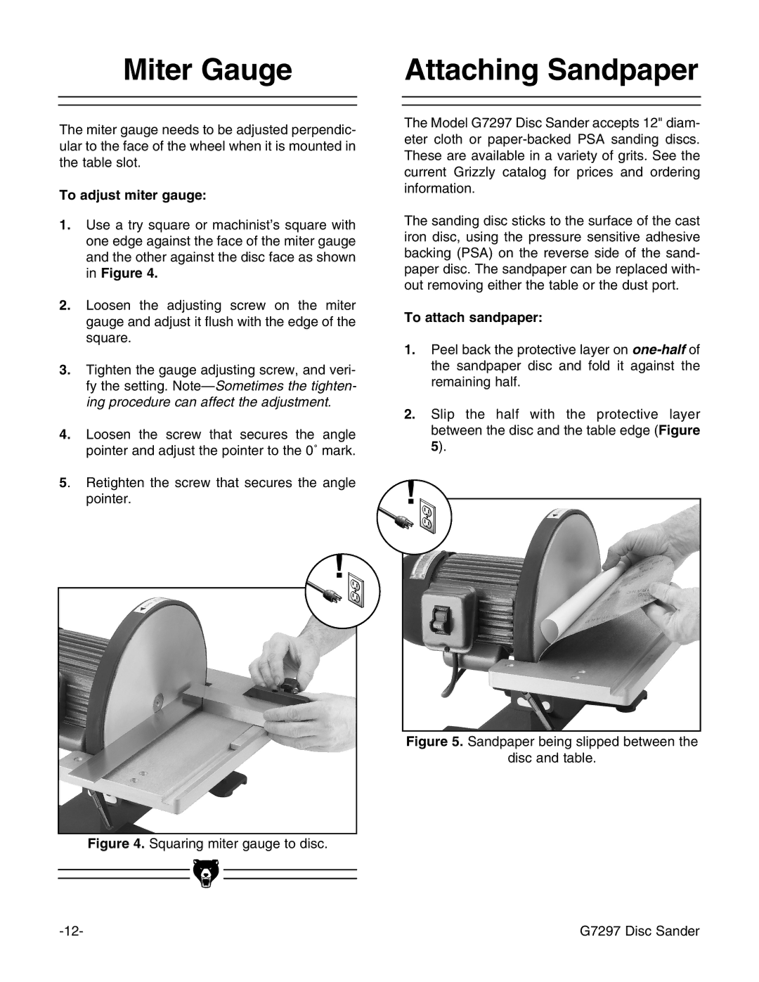 Grizzly G7297 instruction manual Miter Gauge, Attaching Sandpaper, To adjust miter gauge, To attach sandpaper 