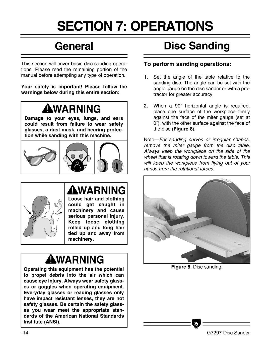 Grizzly G7297 instruction manual Operations, Disc Sanding 