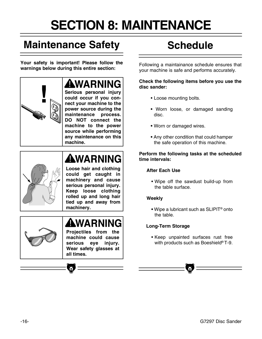 Grizzly G7297 Maintenance Safety Schedule, Check the following items before you use the disc sander, Weekly 