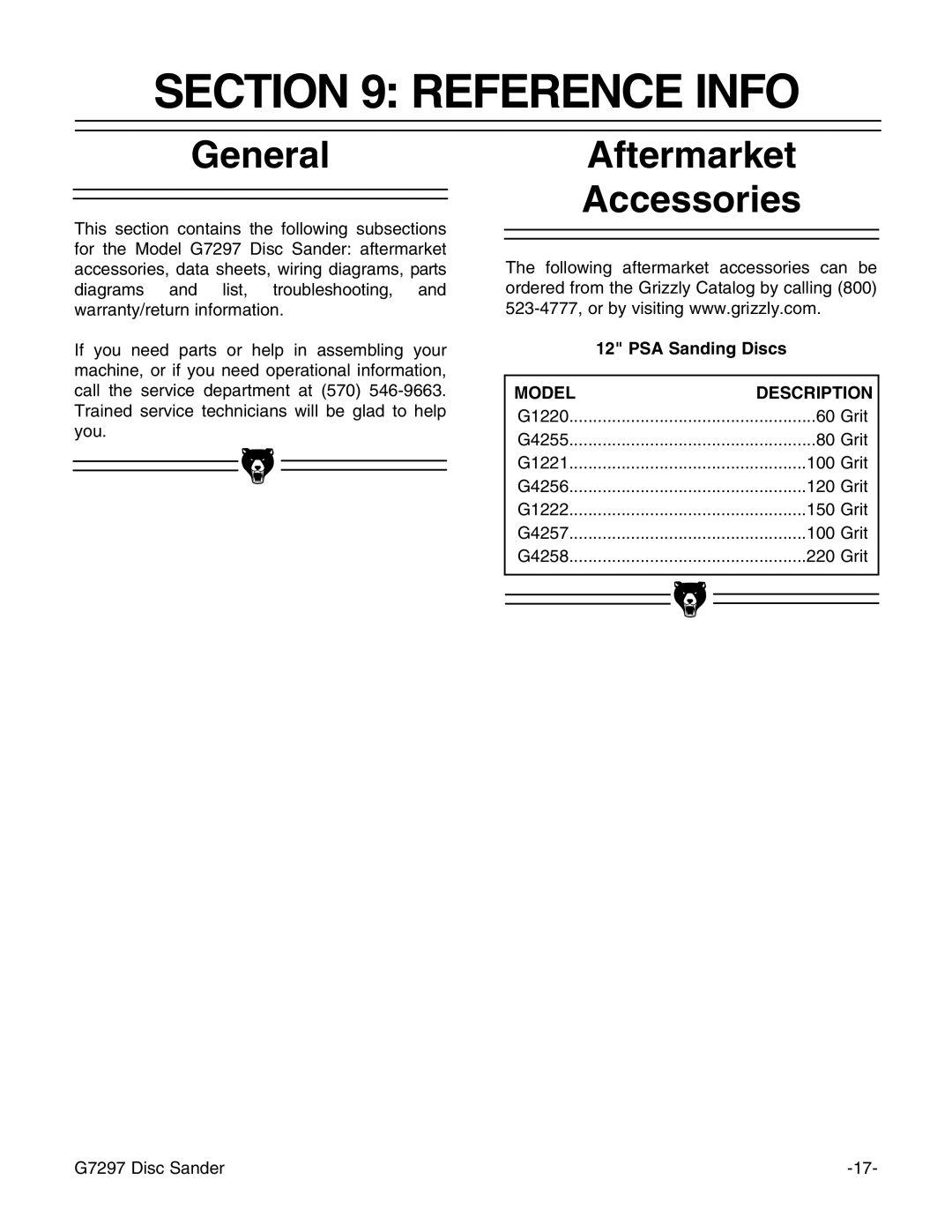 Grizzly G7297 instruction manual Reference Info, Aftermarket Accessories, PSA Sanding Discs 