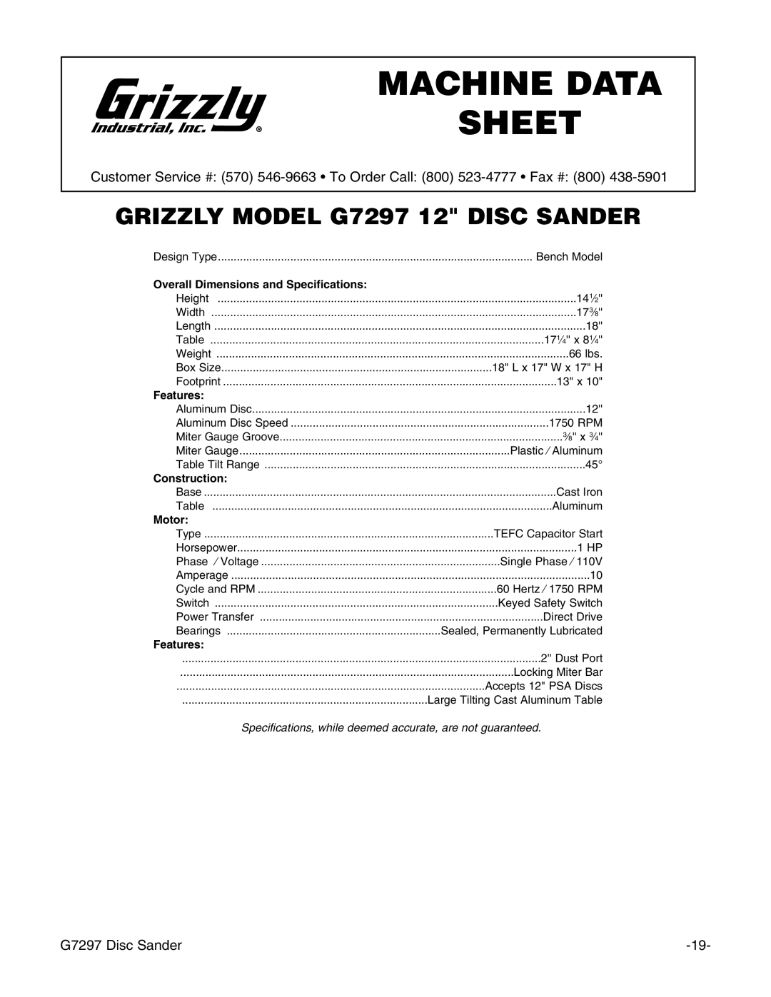 Grizzly G7297 instruction manual Machine Data Sheet 