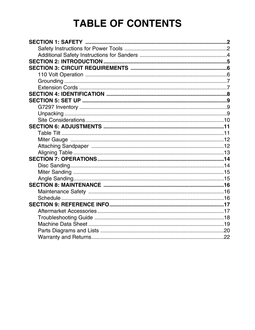 Grizzly G7297 instruction manual Table of Contents 