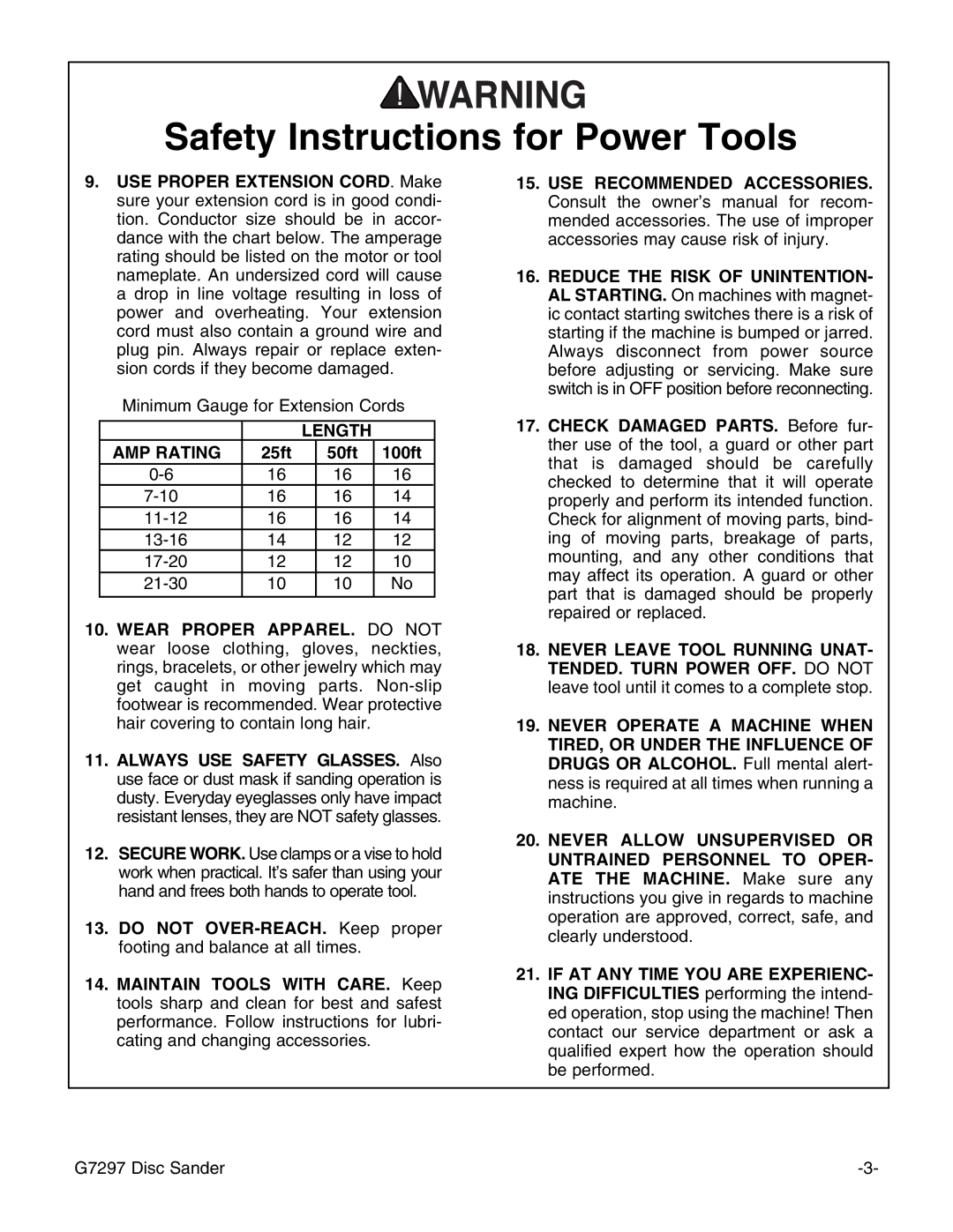 Grizzly G7297 instruction manual Length AMP Rating, 25ft 50ft 100ft 