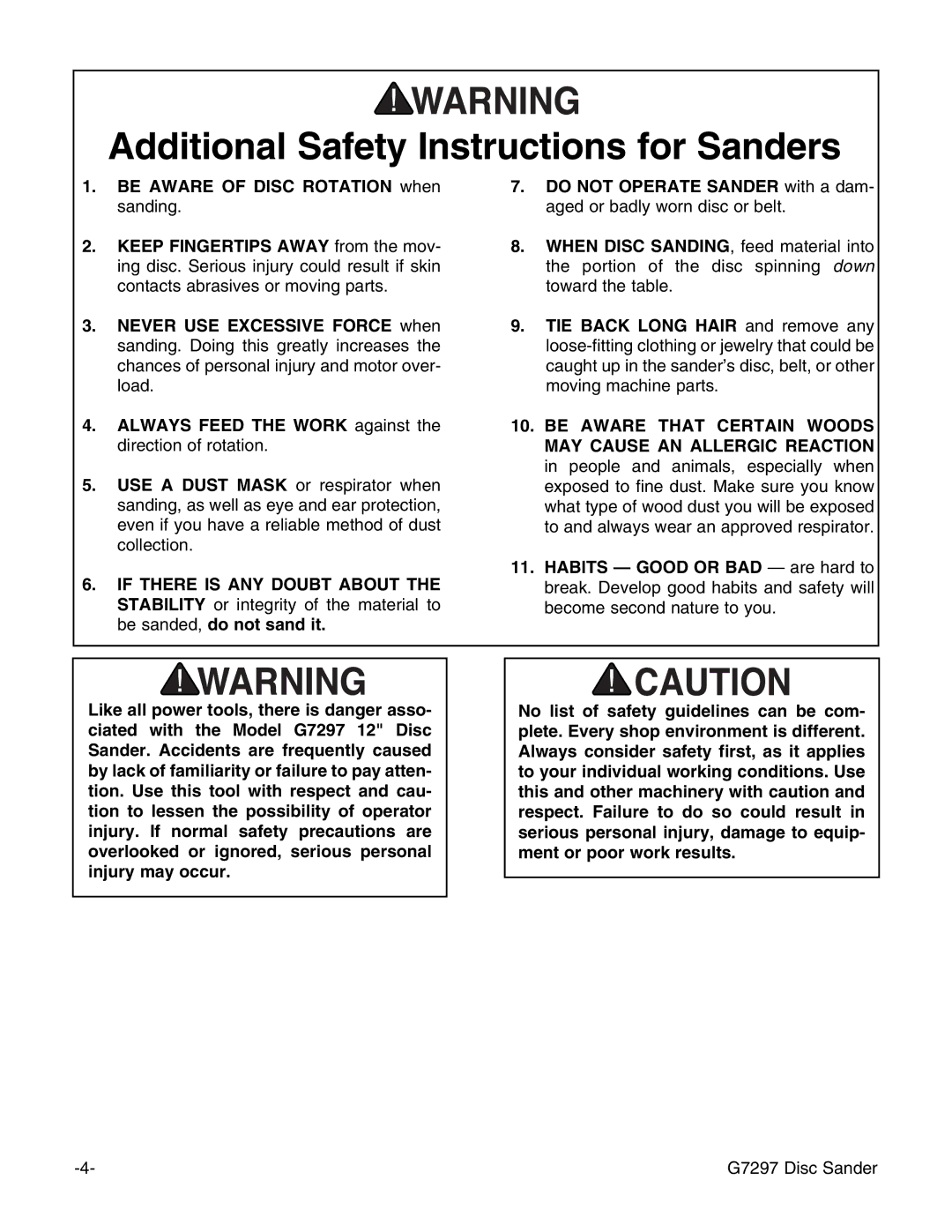 Grizzly G7297 instruction manual Additional Safety Instructions for Sanders 