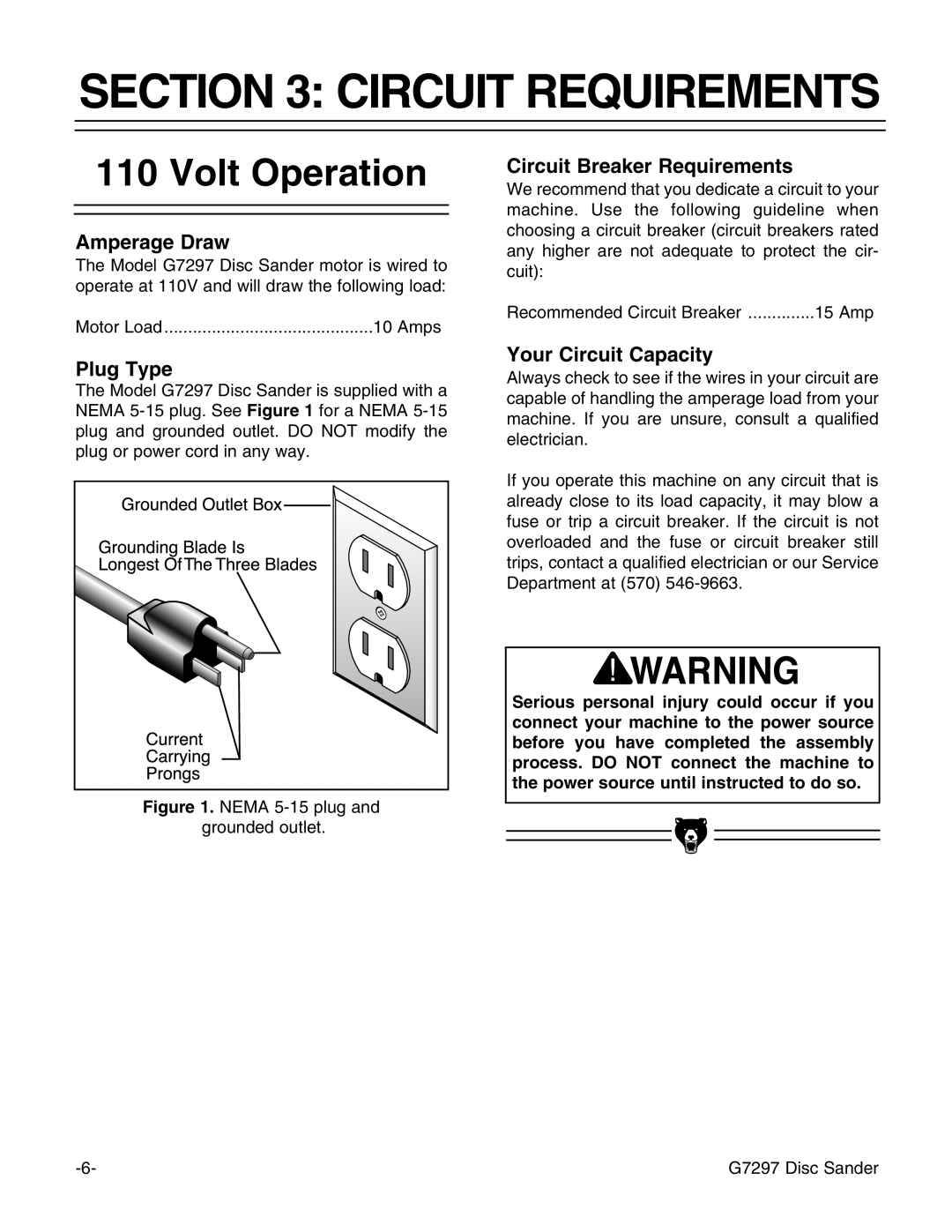 Grizzly G7297 instruction manual Circuit Requirements, Volt Operation 