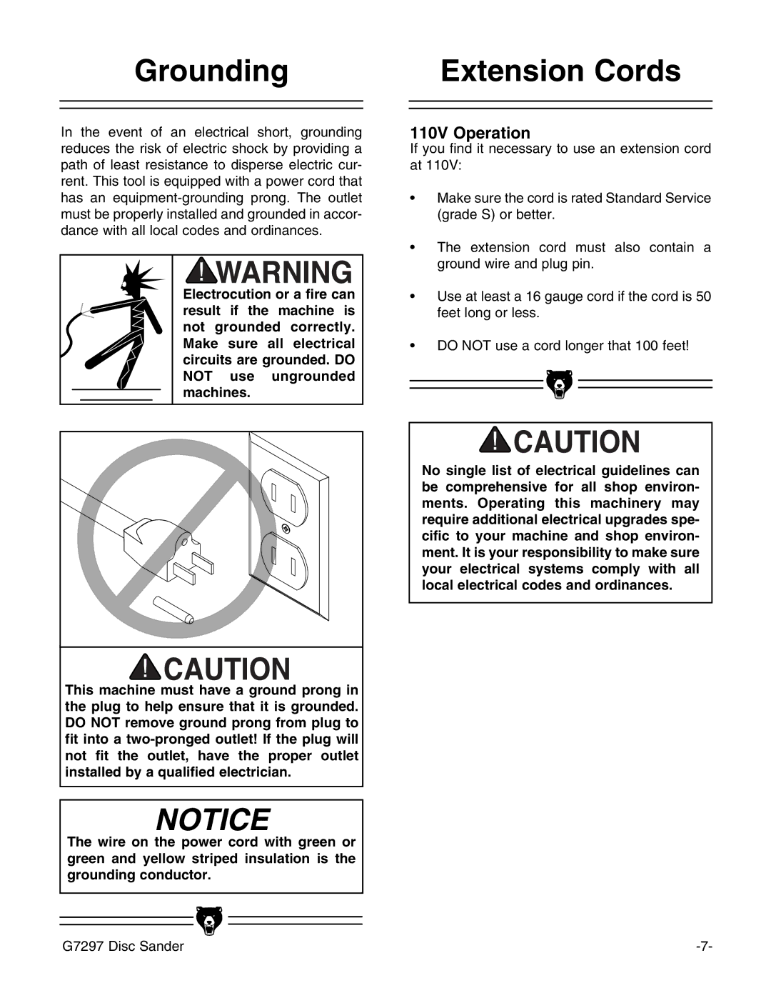 Grizzly G7297 instruction manual Grounding, Extension Cords 