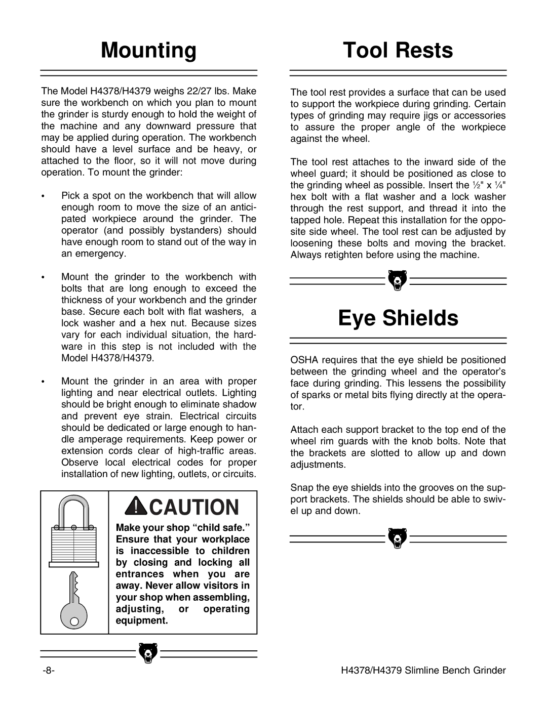 Grizzly G7299, G7298 instruction manual Mounting Tool Rests, Eye Shields 