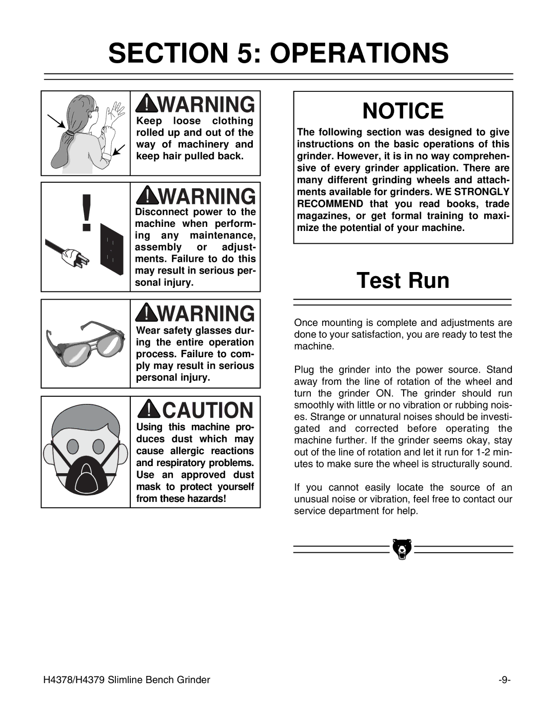 Grizzly G7298, G7299 instruction manual Operations, Test Run 