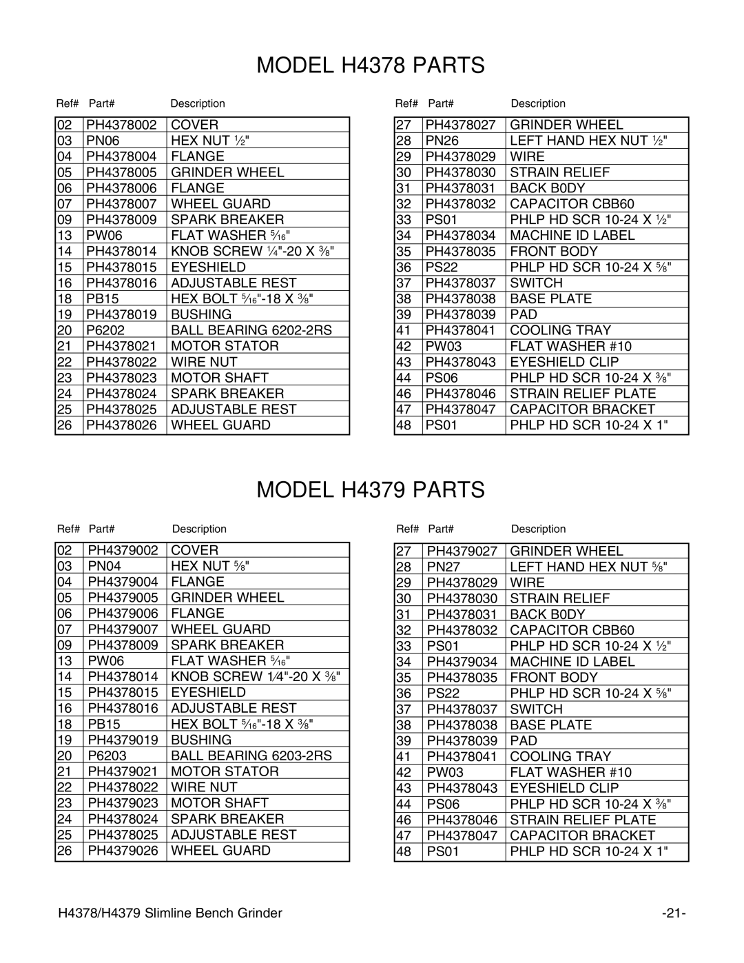 Grizzly G7298, G7299 instruction manual Model H4378 Parts 