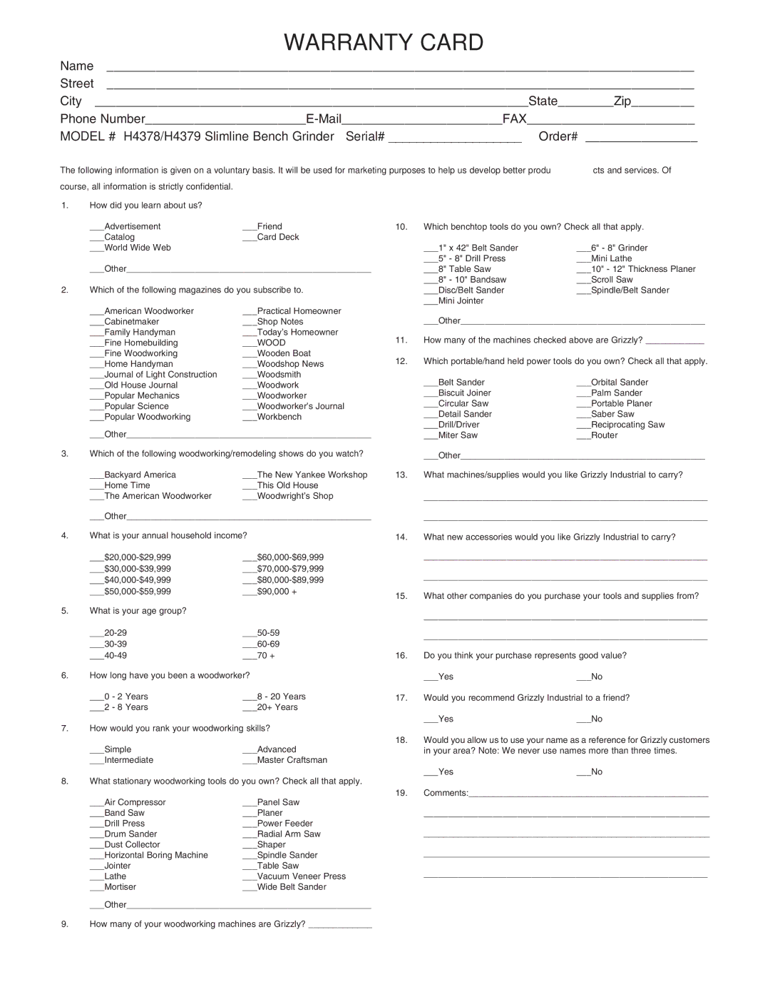 Grizzly G7298, G7299 instruction manual Warranty Card 