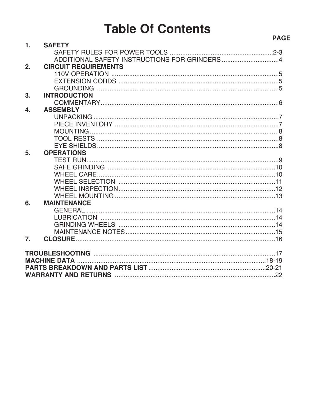 Grizzly G7298, G7299 instruction manual Table Of Contents 