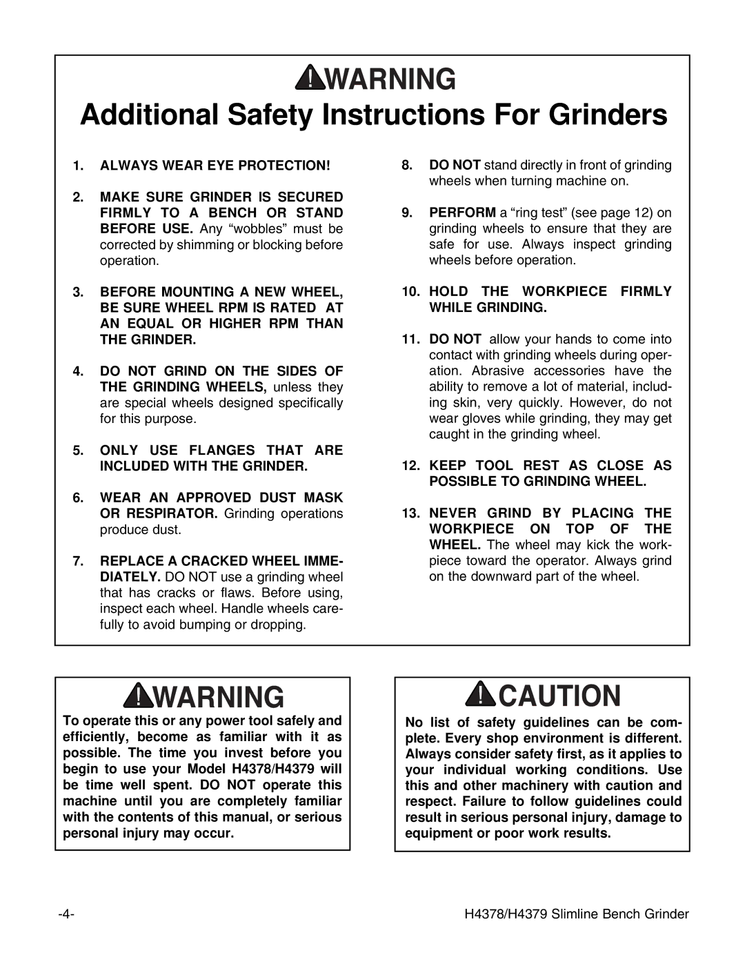 Grizzly G7299, G7298 instruction manual Additional Safety Instructions For Grinders, Always Wear EYE Protection 