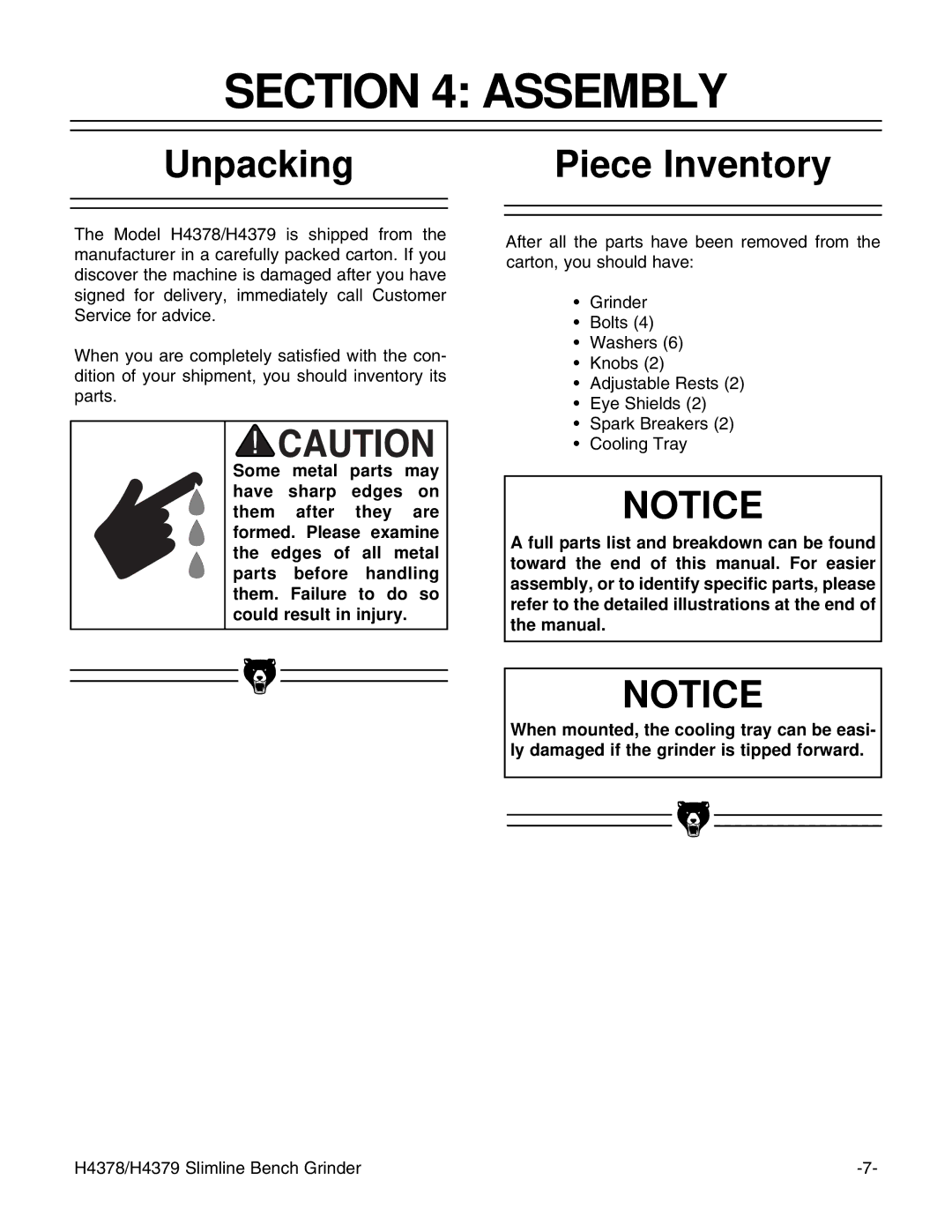 Grizzly G7298, G7299 instruction manual Assembly, Unpacking, Piece Inventory 