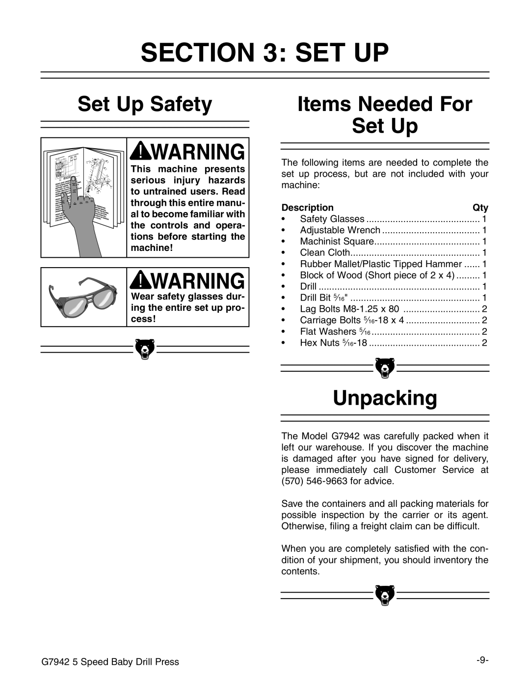 Grizzly G7942 manual #4/. 3%4, 3ETT5P 3AFETY, 5NPACKING, $Escriptioni 