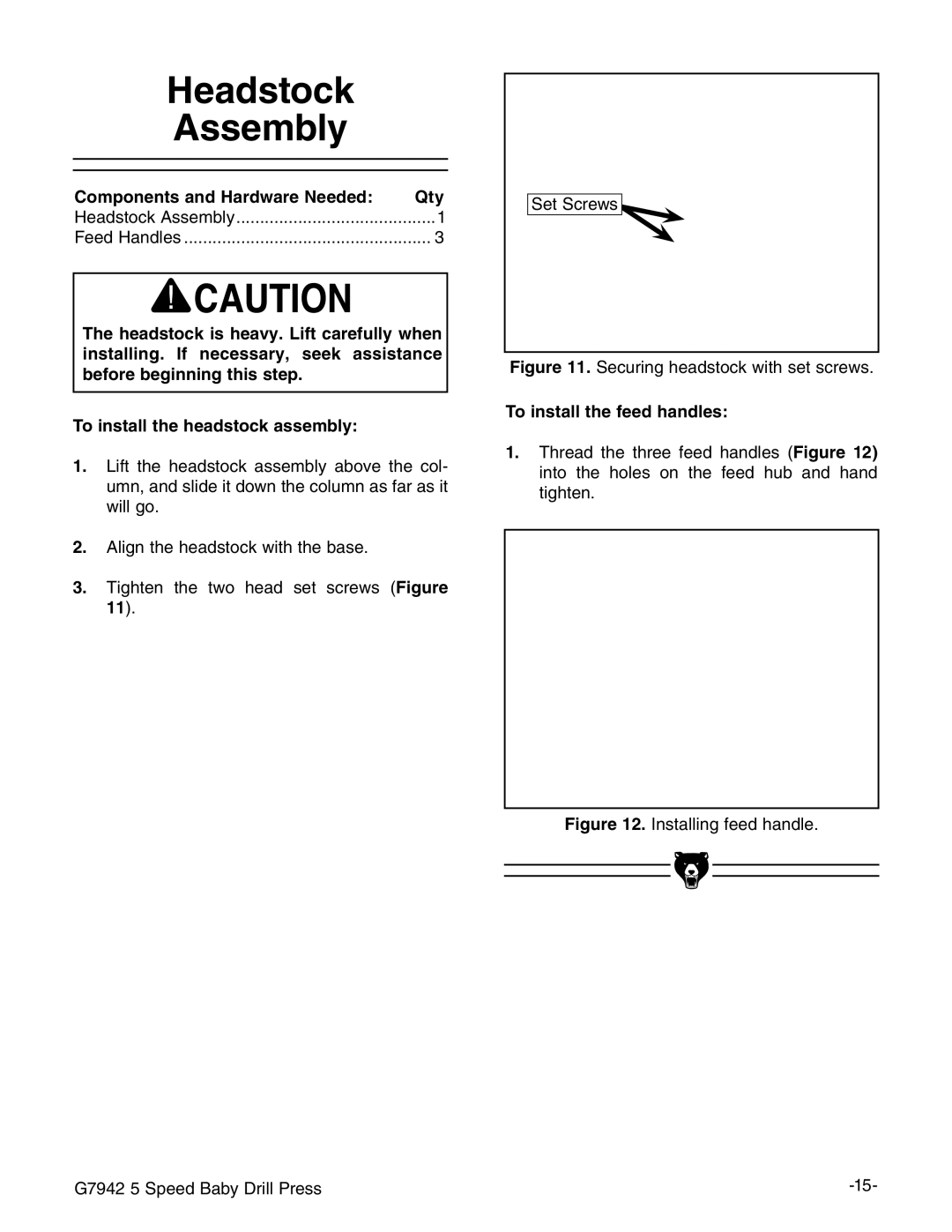 Grizzly G7942 manual Eadstock Ssembly, 4O Install the Headstock ASSEMBLY, 4O Install the Feed HANDLES 