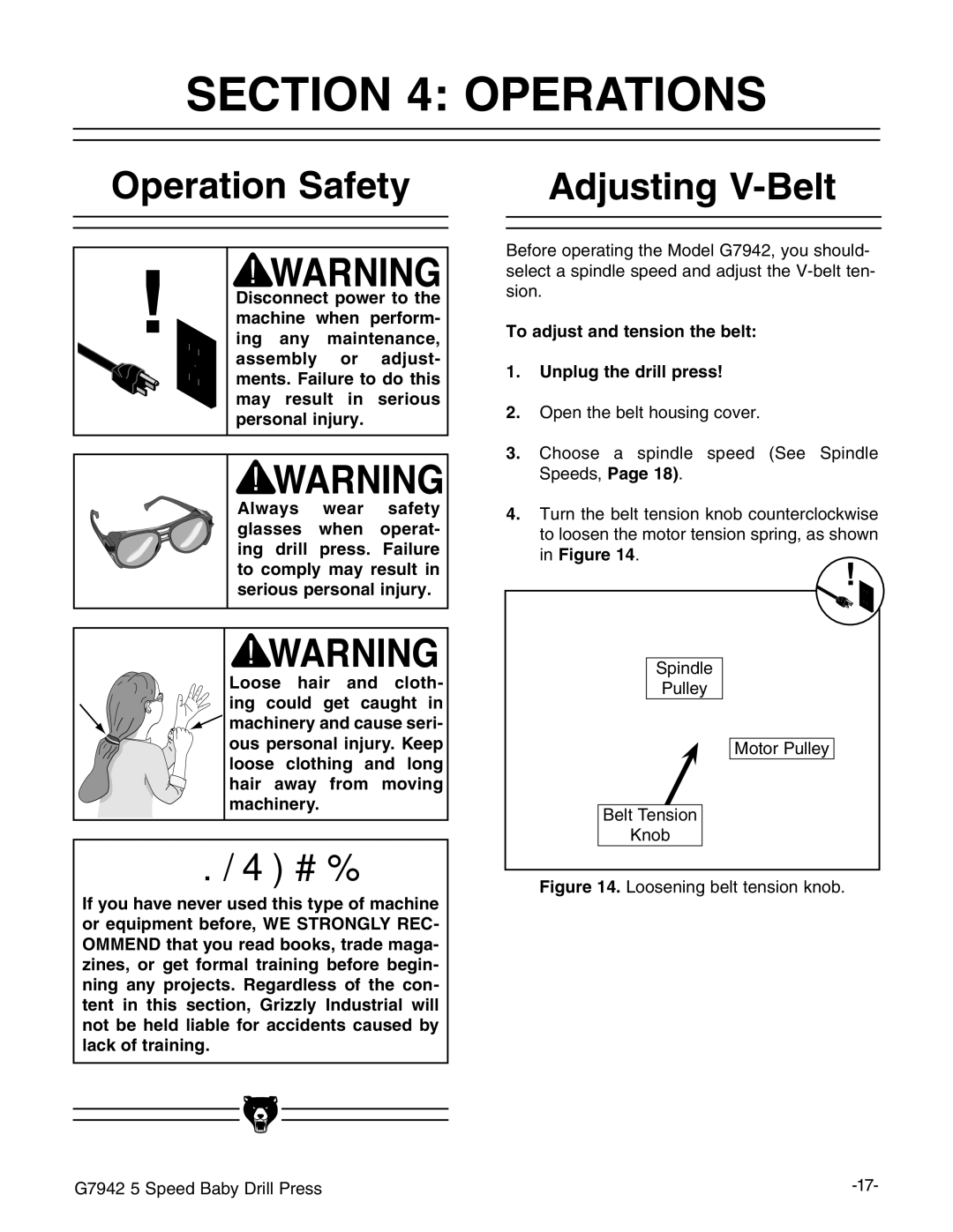 Grizzly G7942 manual #4/.  /0%2!4/.3, PERATIONT3AFETY, Djusting 6ELT, Ooseo Hair and Cloth ING could GET Caught 