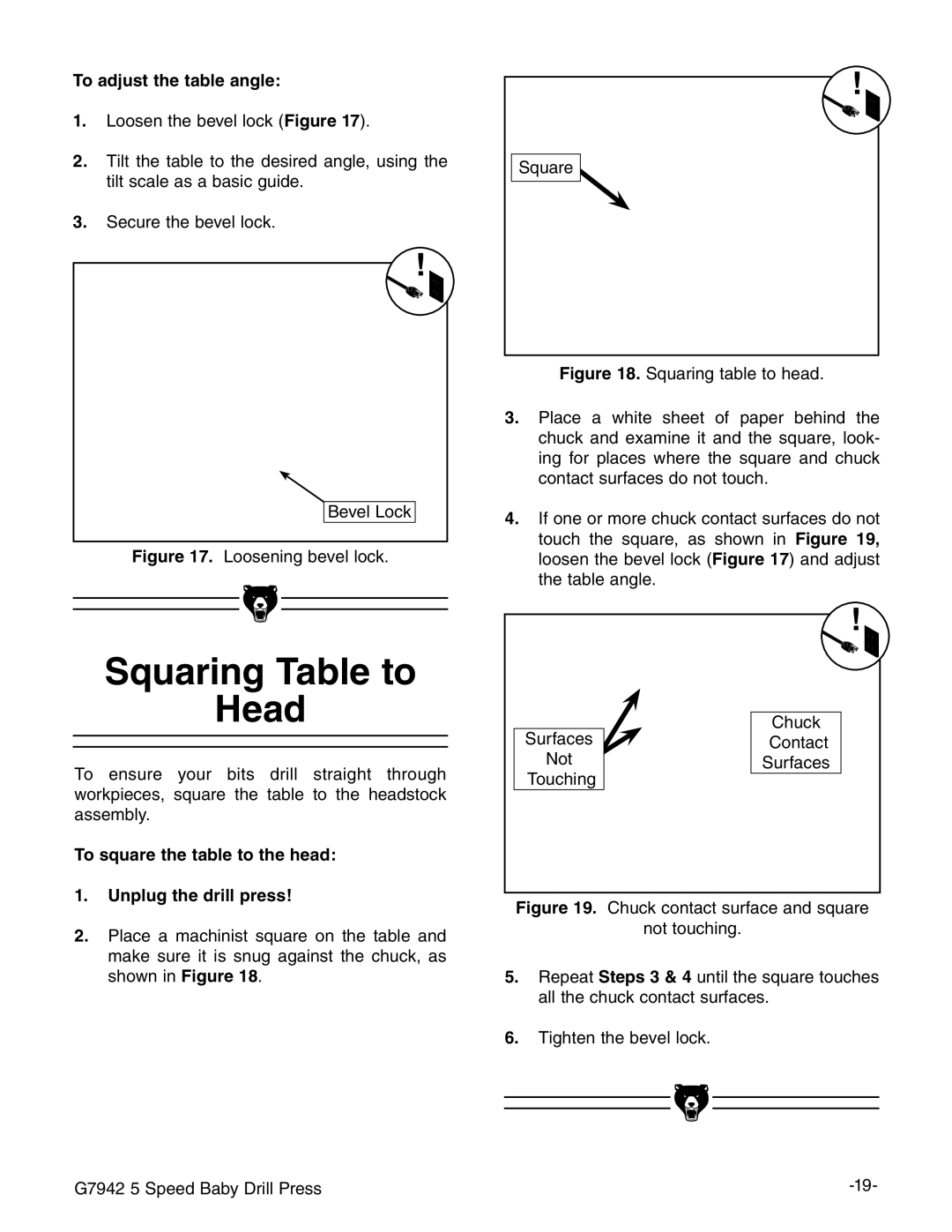 Grizzly G7942 manual 3QUARING 4ABLE TOO EAD, 4O Adjust the Table ANGLE 