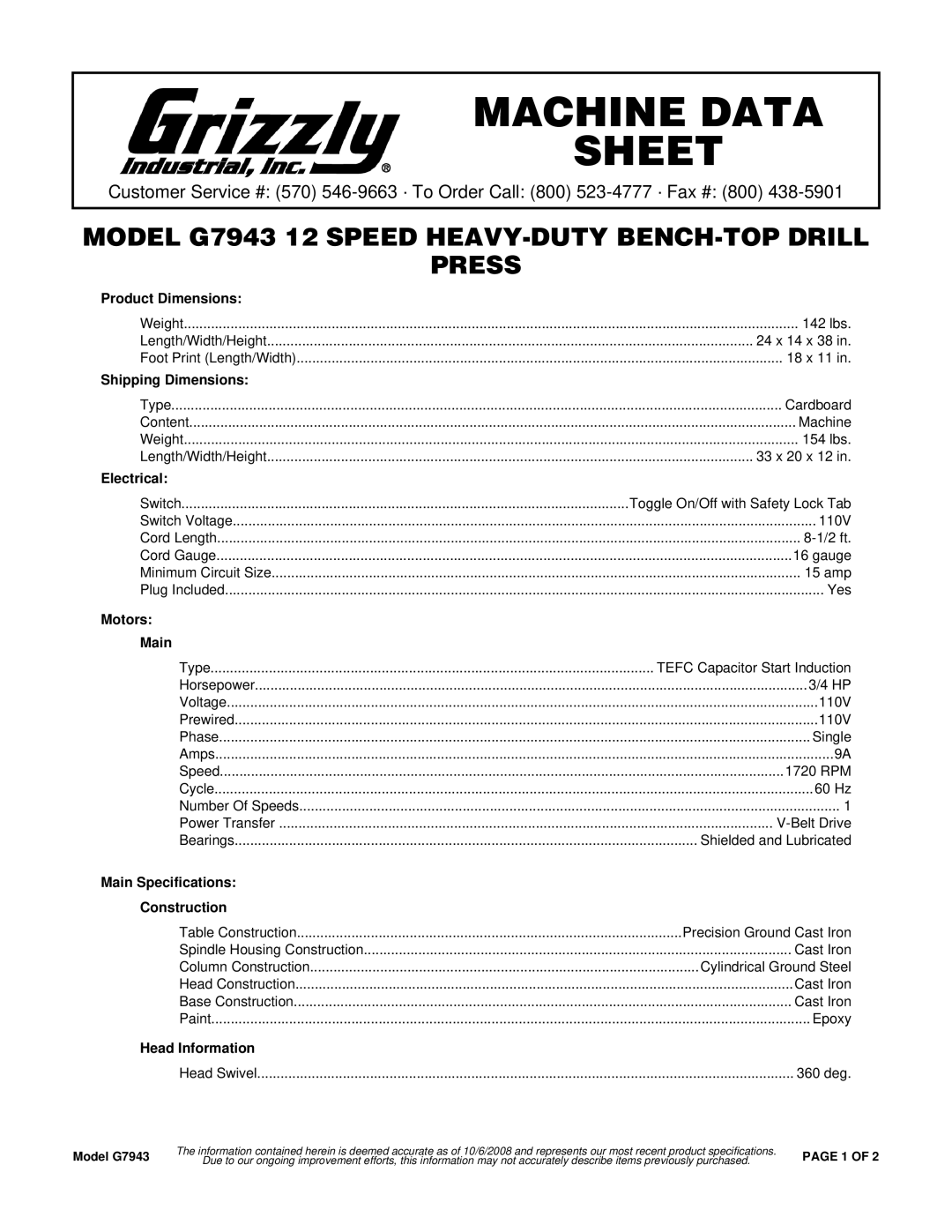 Grizzly G7943 specifications Product Dimensions, Shipping Dimensions, Electrical, Motors Main, Head Information 