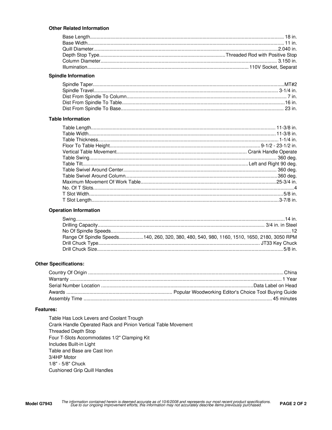 Grizzly G7943 Other Related Information, Spindle Information, Table Information, Operation Information, Features 