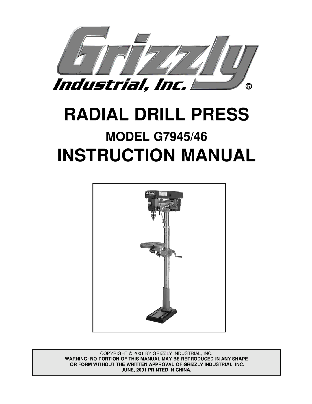 Grizzly G7946 instruction manual Radial Drill Press, Model G7945/46 