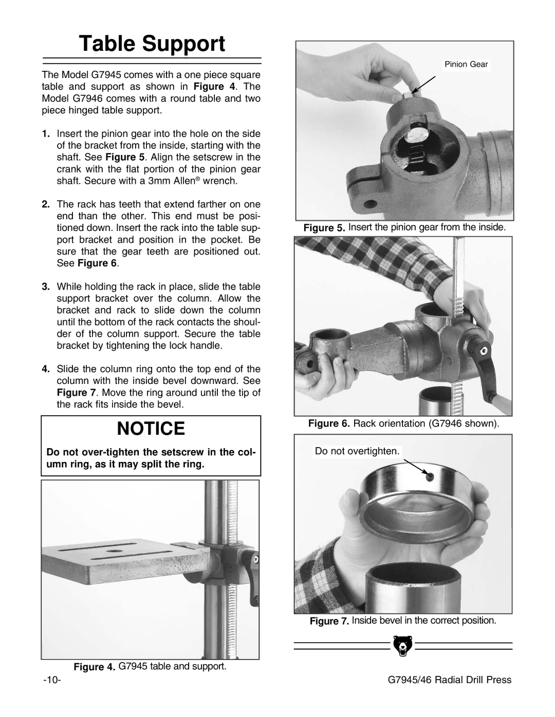 Grizzly G7946 instruction manual Table Support, G7945 table and support 