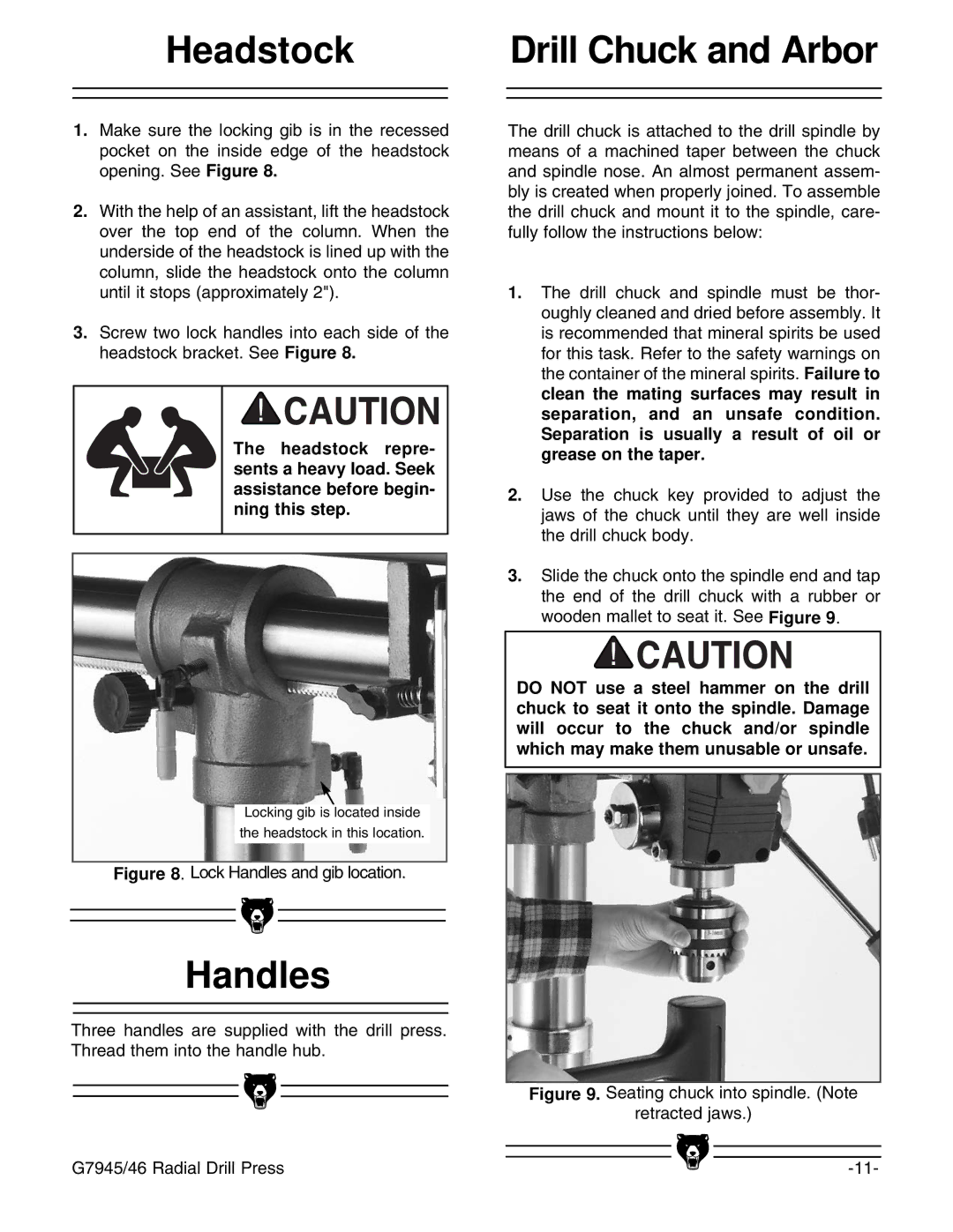 Grizzly G7946, G7945 instruction manual Headstock, Handles 