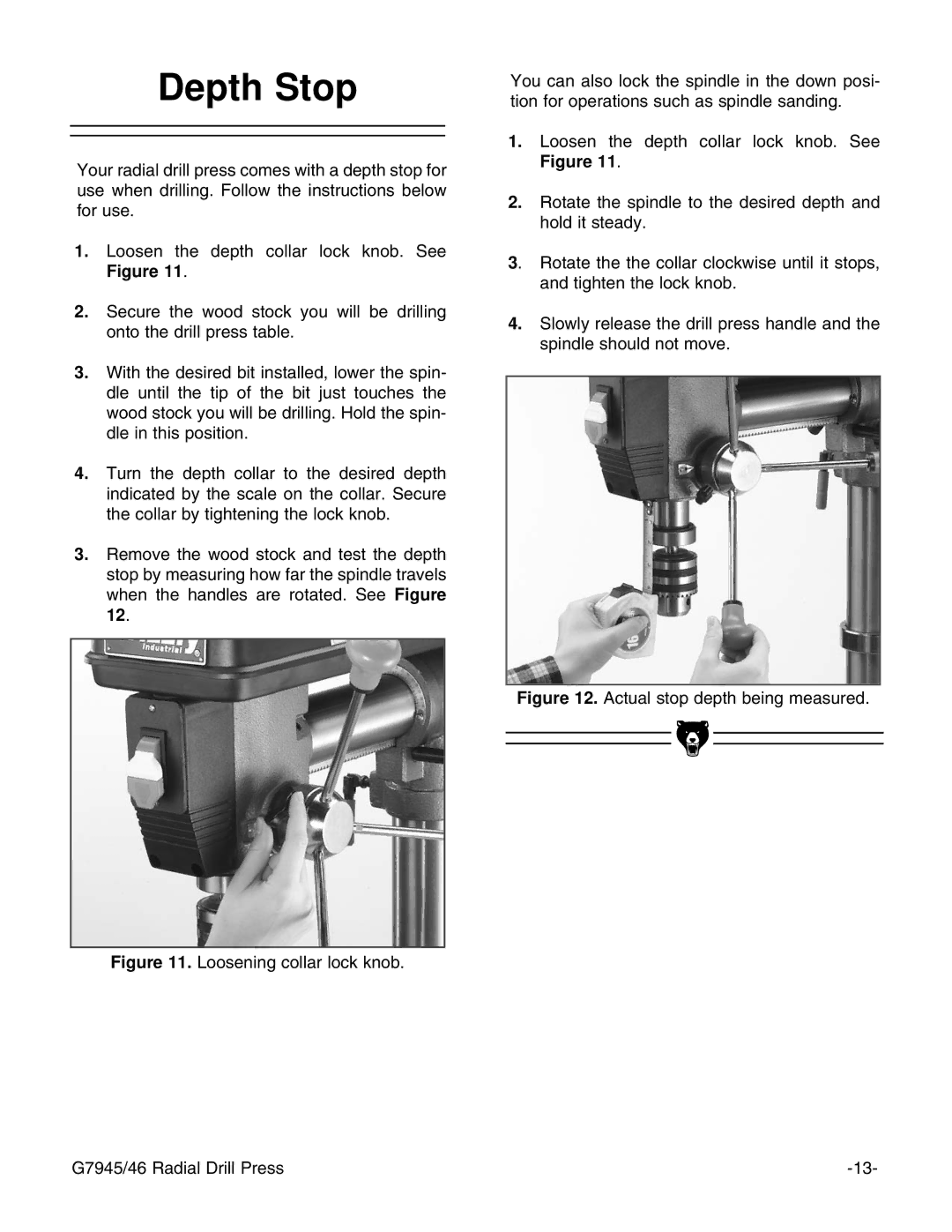 Grizzly G7946 instruction manual Depth Stop, Actual stop depth being measured G7945/46 Radial Drill Press 