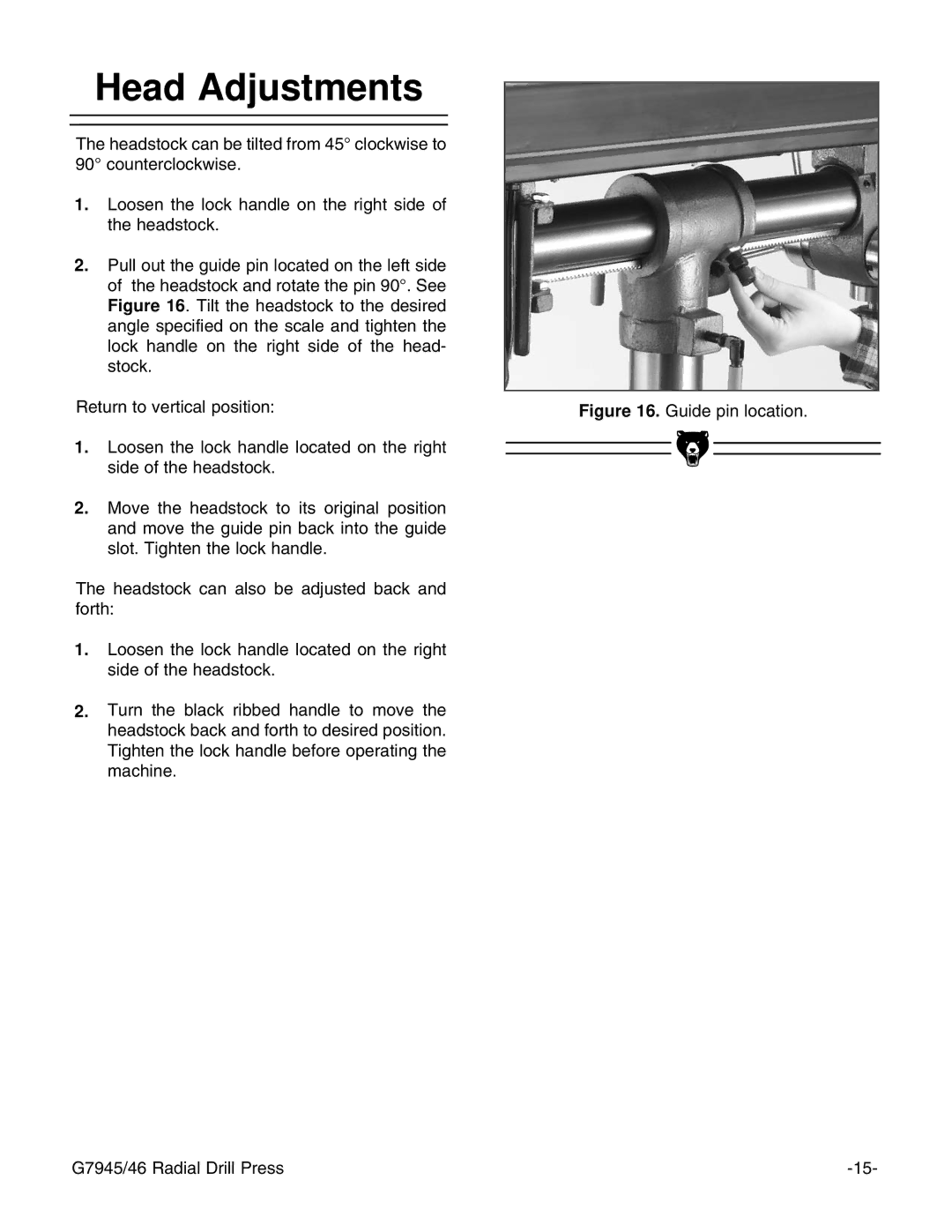 Grizzly G7946 instruction manual Head Adjustments, Guide pin location G7945/46 Radial Drill Press 