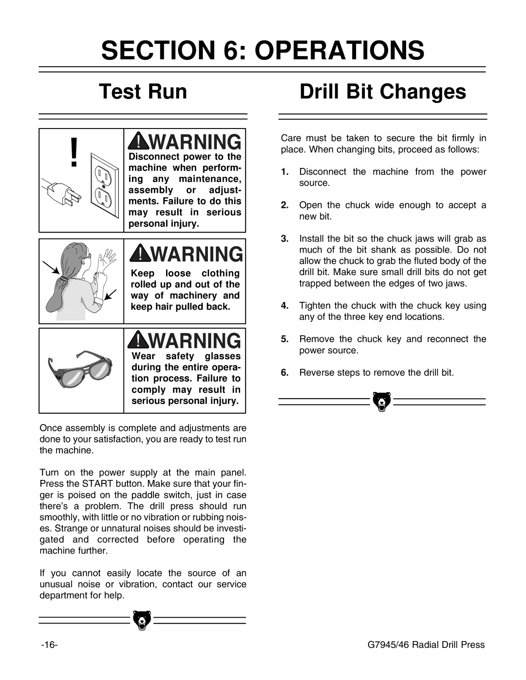 Grizzly G7945, G7946 instruction manual Operations, Test Run Drill Bit Changes 