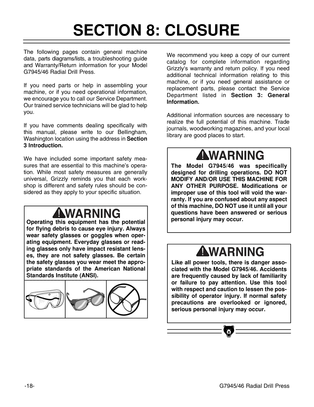 Grizzly G7945, G7946 instruction manual Closure, Information 