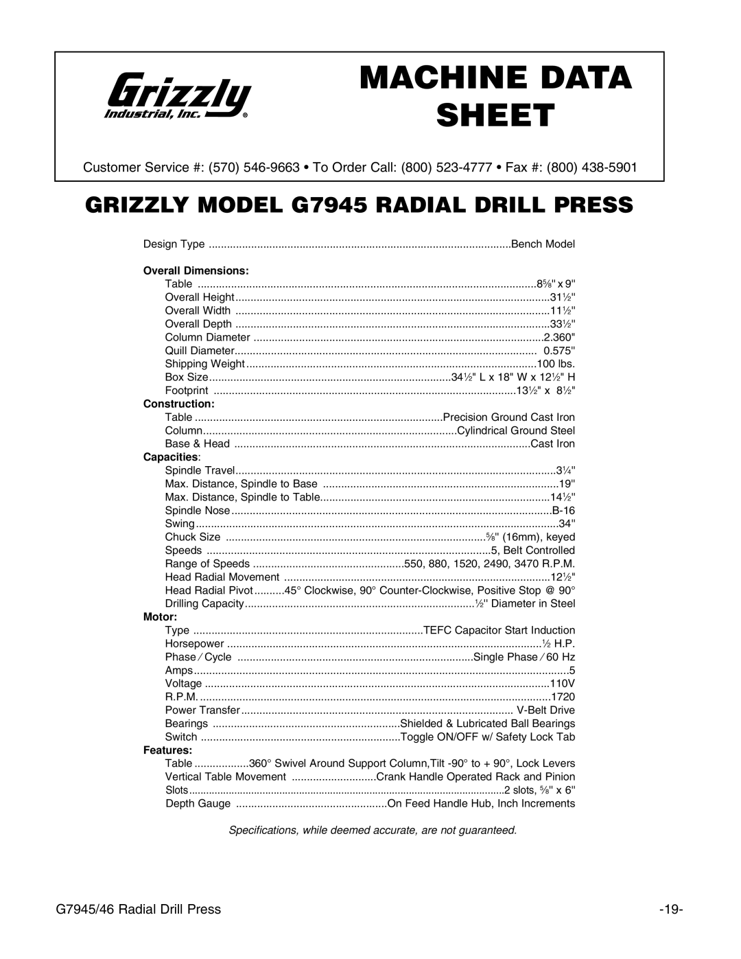 Grizzly G7946, G7945 instruction manual Machine Data Sheet 