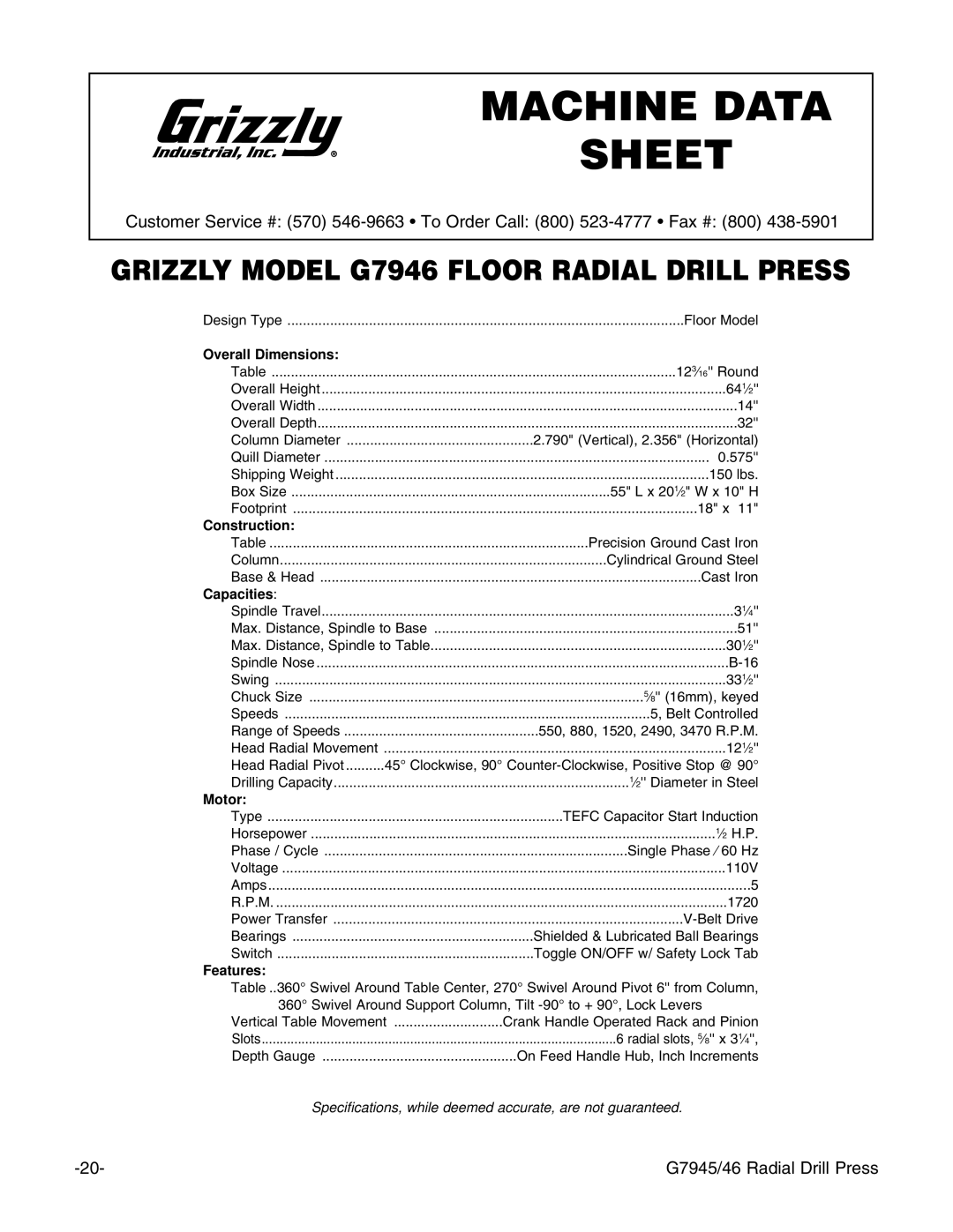 Grizzly G7945 instruction manual Grizzly Model G7946 Floor Radial Drill Press 