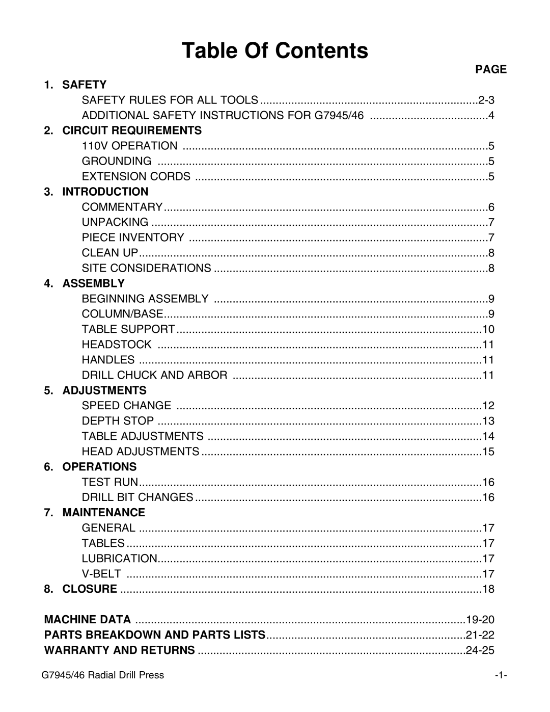 Grizzly G7946, G7945 instruction manual Table Of Contents 