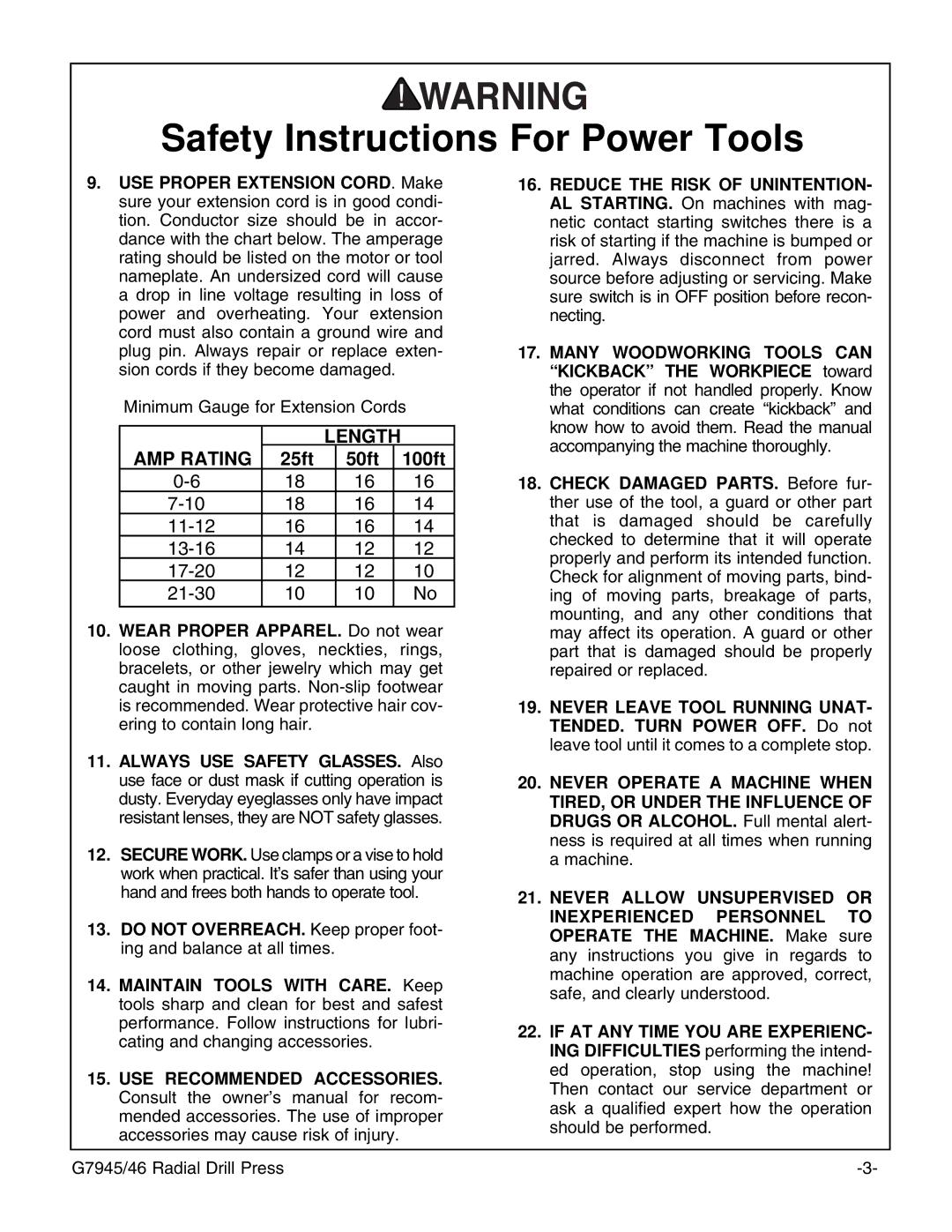 Grizzly G7946, G7945 instruction manual AMP Rating 