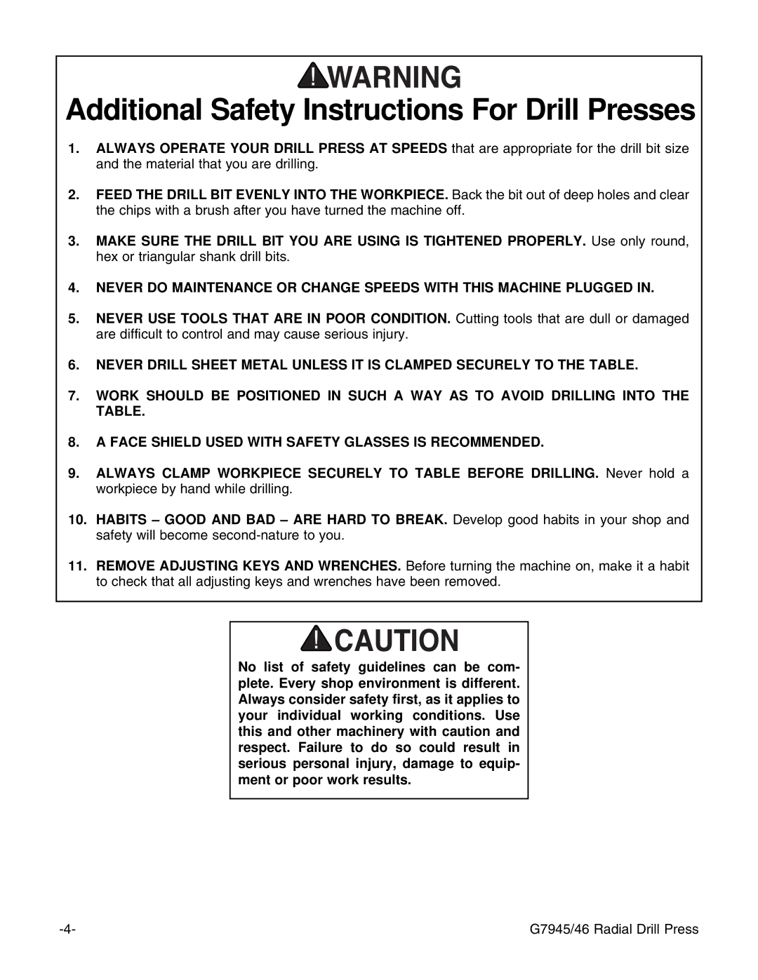 Grizzly G7945, G7946 instruction manual Additional Safety Instructions For Drill Presses 